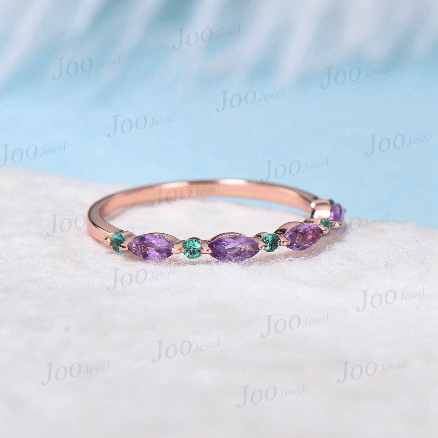 10K/14K/18K Rose Gold Marquise Natural Purple Amethyst Wedding Band February Birthstone Jewelry Emerald Ring Minimalist Crystal Wedding Ring