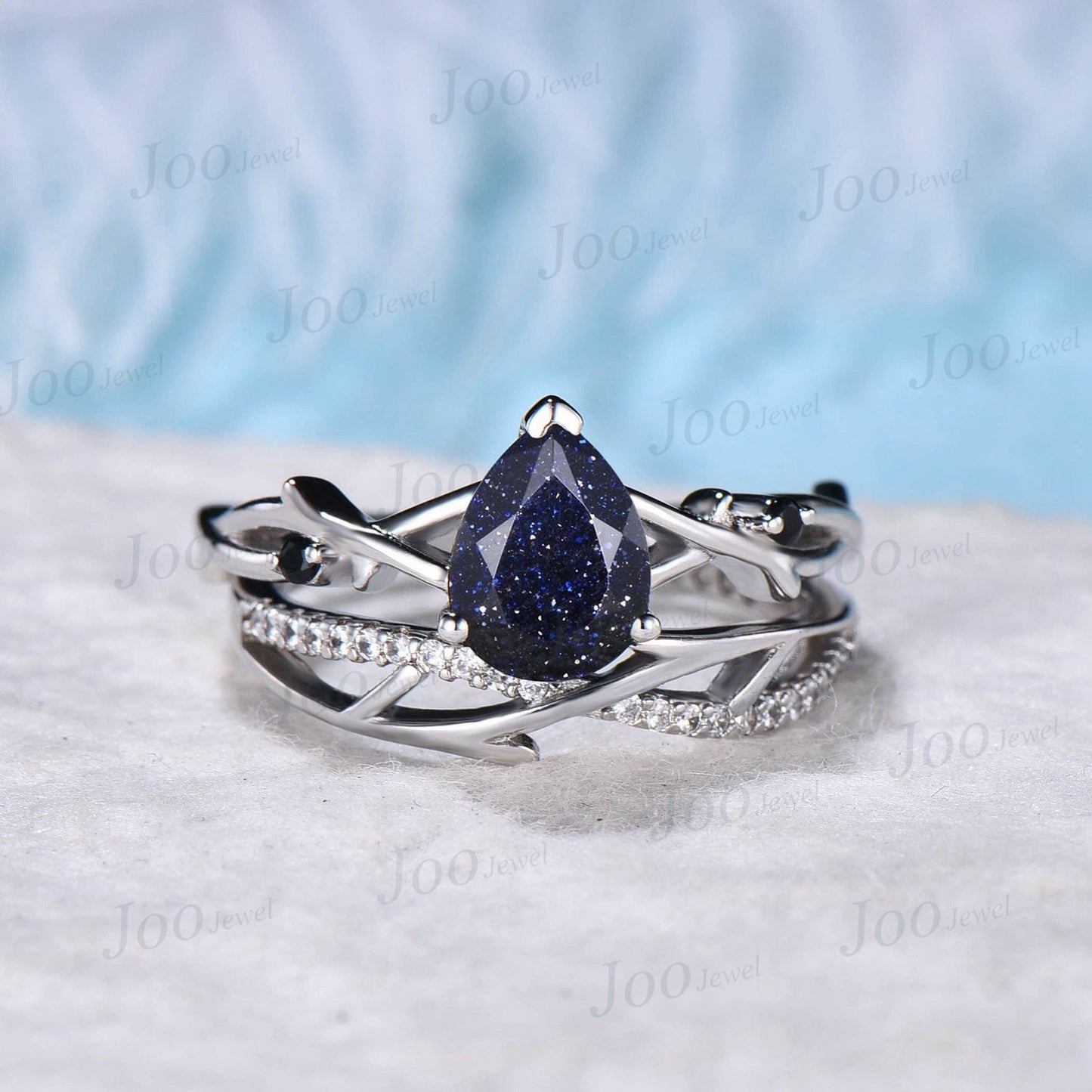 1.25ct Pear Shaped Blue Sandstone Ring White Gold Twig Engagement Ring Set Galaxy Starry Sky Ring Unique Blue Gemstone Jewelry Proposal Gift