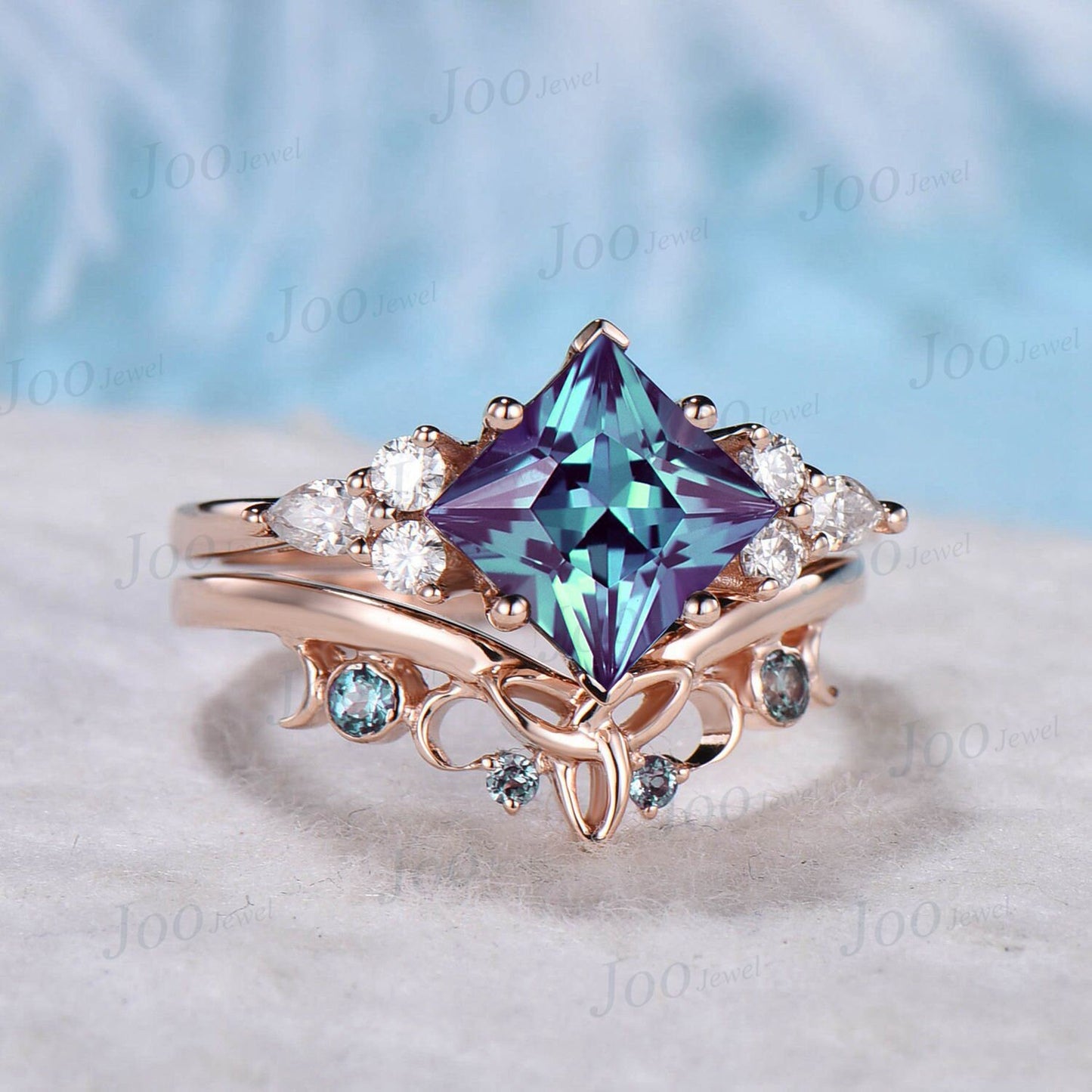 Princess Cut Alexandrite Engagement Rings Vintage Trinity Knot Celtic Wedding Band 10K/14K/18K Rose Gold Alexandrite Moissanite Bridal Set