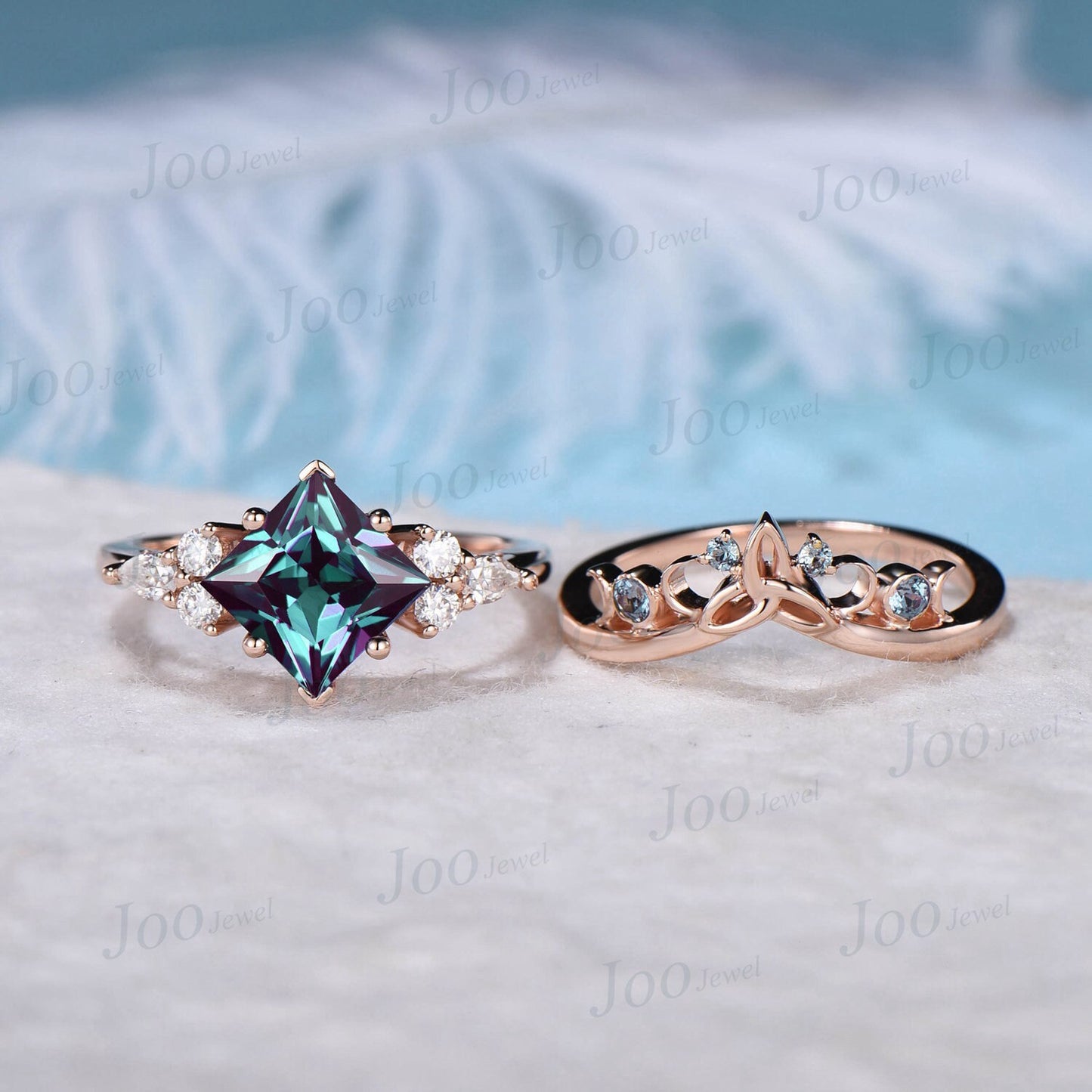 Princess Cut Alexandrite Engagement Rings Vintage Trinity Knot Celtic Wedding Band 10K/14K/18K Rose Gold Alexandrite Moissanite Bridal Set