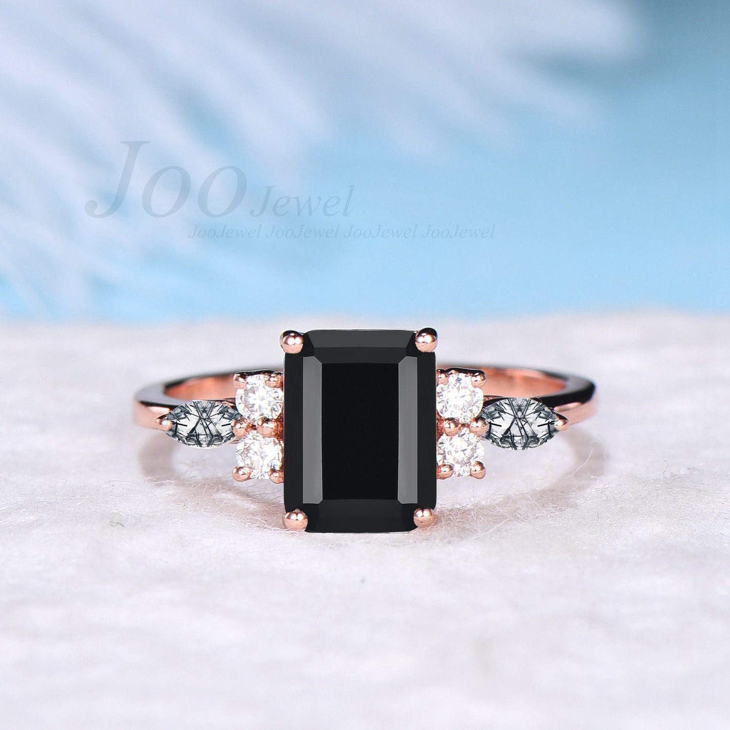 Natural Black Onyx Engagement Rings Women Unique Healing Crystal Ring Sterling Silver Marquise Black Rutilated Quartz Ring Black Stone Ring