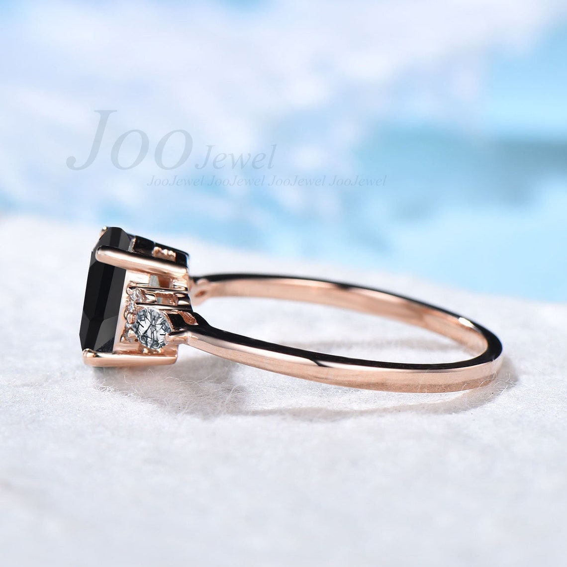 Natural Black Onyx Engagement Rings Women Unique Healing Crystal Ring Sterling Silver Marquise Black Rutilated Quartz Ring Black Stone Ring