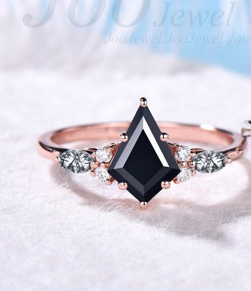 Natural Black Onyx Engagement Rings Women Unique Healing Crystal Ring Sterling Silver Marquise Black Rutilated Quartz Ring Black Stone Ring
