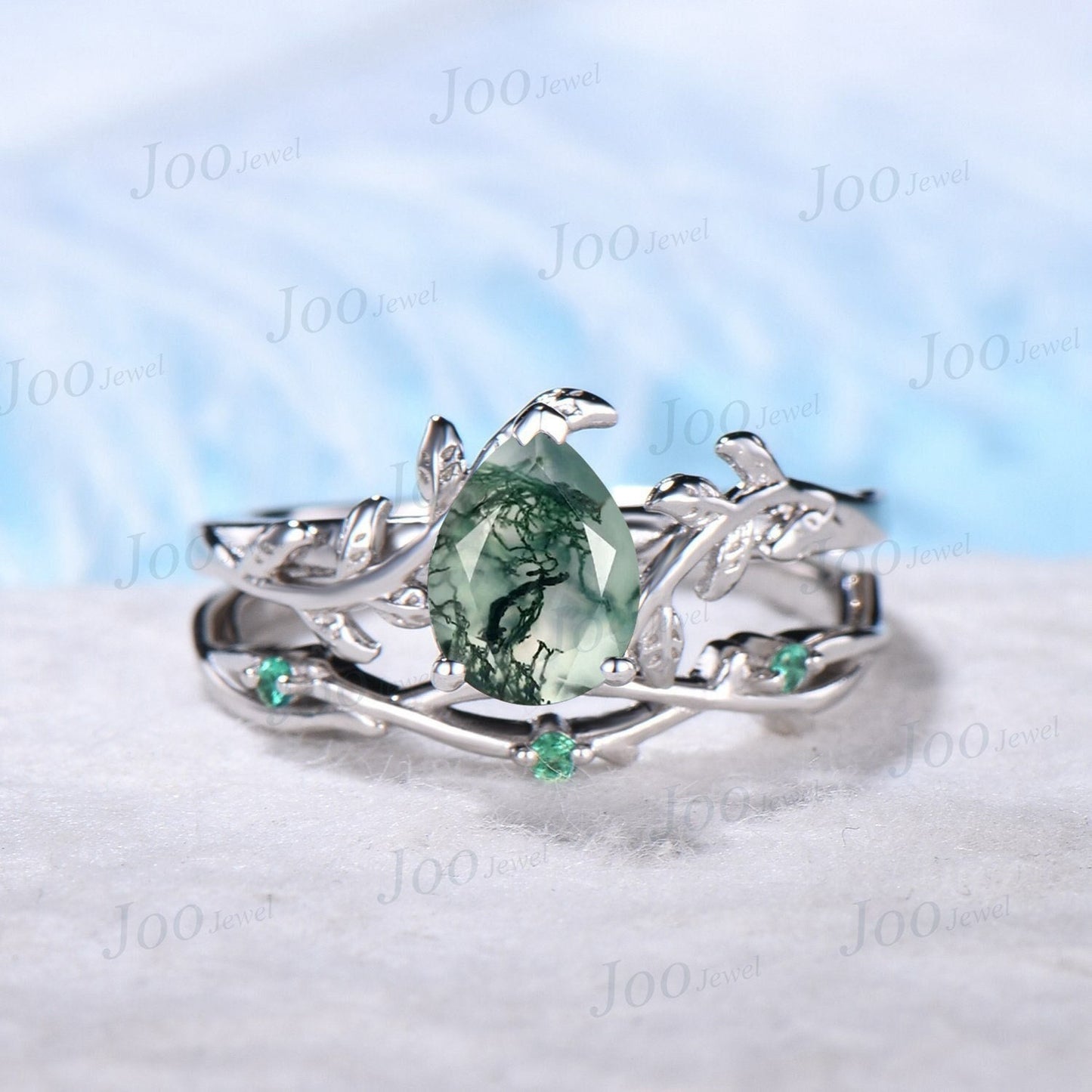 Pear Shaped Natural Moss Agate Ring Leaf Engagement Ring Set Green Gemstone Jewelry Twig Wedding Band Emerald Moss Bridal Set Unique Gifts