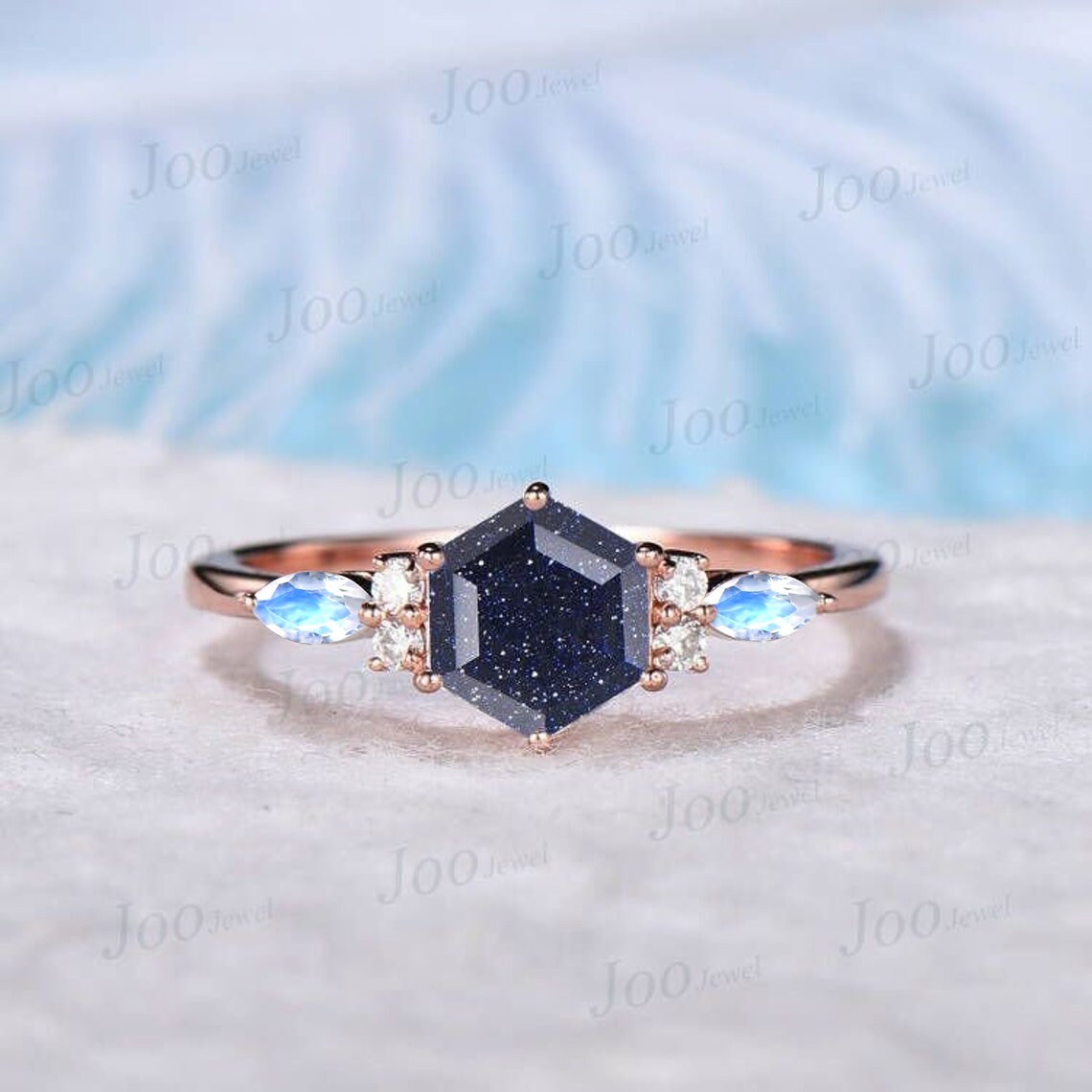 1ct Hexagon Cut Galaxy Starry Sky Blue Goldstone Engagement Ring 10K/14K/18K White Gold Moonstone Opal Ring Unique Anniversary/Wedding Gift