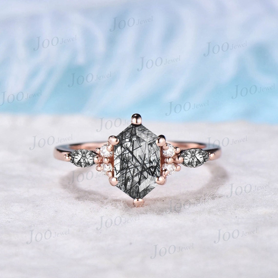 Hexagon Cut Black Rutilated Quartz Engagement Ring Set Platinum Ring Vintage Black Rutile Crystal Ring Unique Wedding/Birthday Gift Women