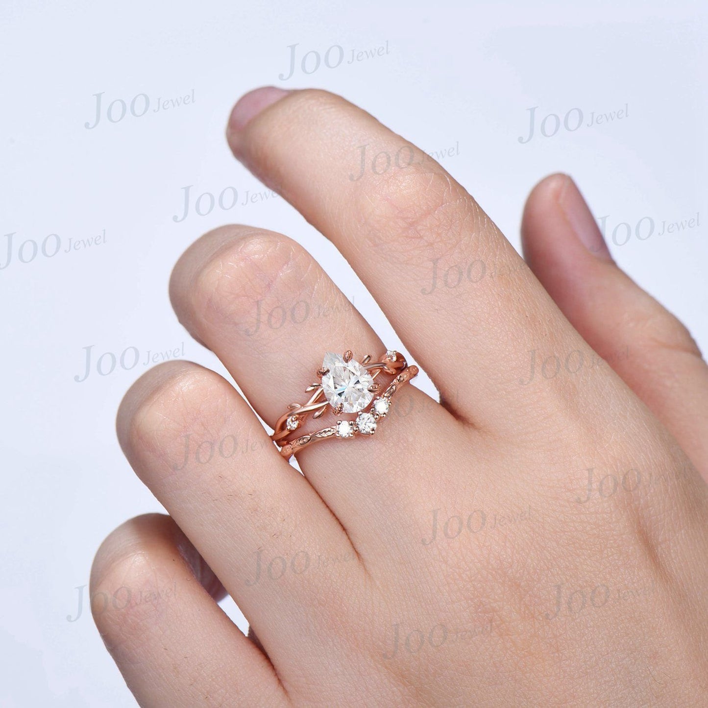 Nature Inspired Moissanite Engagement Ring Set 1.25ct Pear Shaped Diamond Twig Wedding Bridal Set Anniversary Gift for Her Leaf Branch Ring