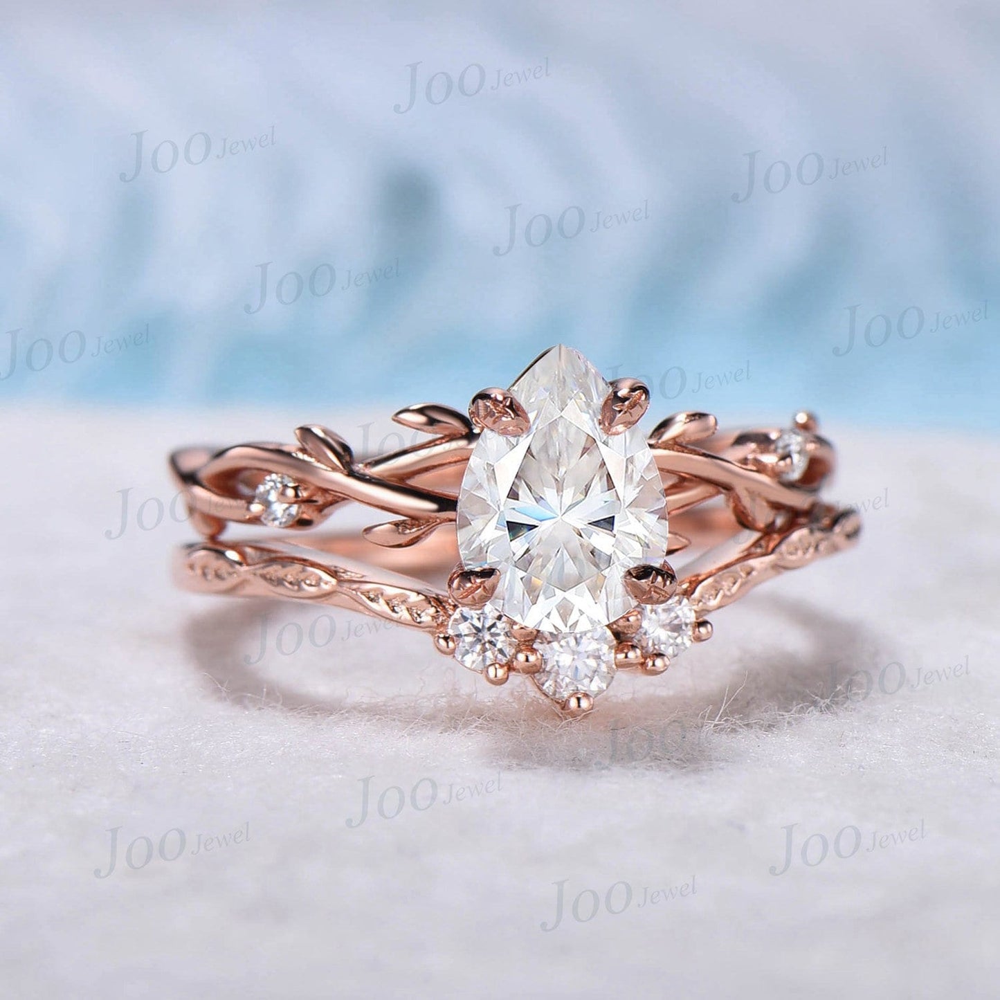 Nature Inspired Moissanite Engagement Ring Set 1.25ct Pear Shaped Diamond Twig Wedding Bridal Set Anniversary Gift for Her Leaf Branch Ring