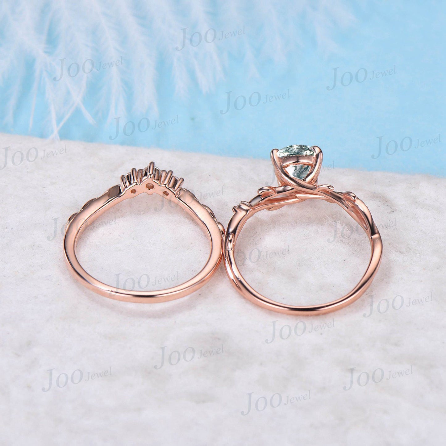 1.5ct Oval Cut Nature Inspired Twig Moss Agate Engagement Ring Set Green Gemstone Jewelry Branch Vine Green Emerald Moss Agate Bridal Set