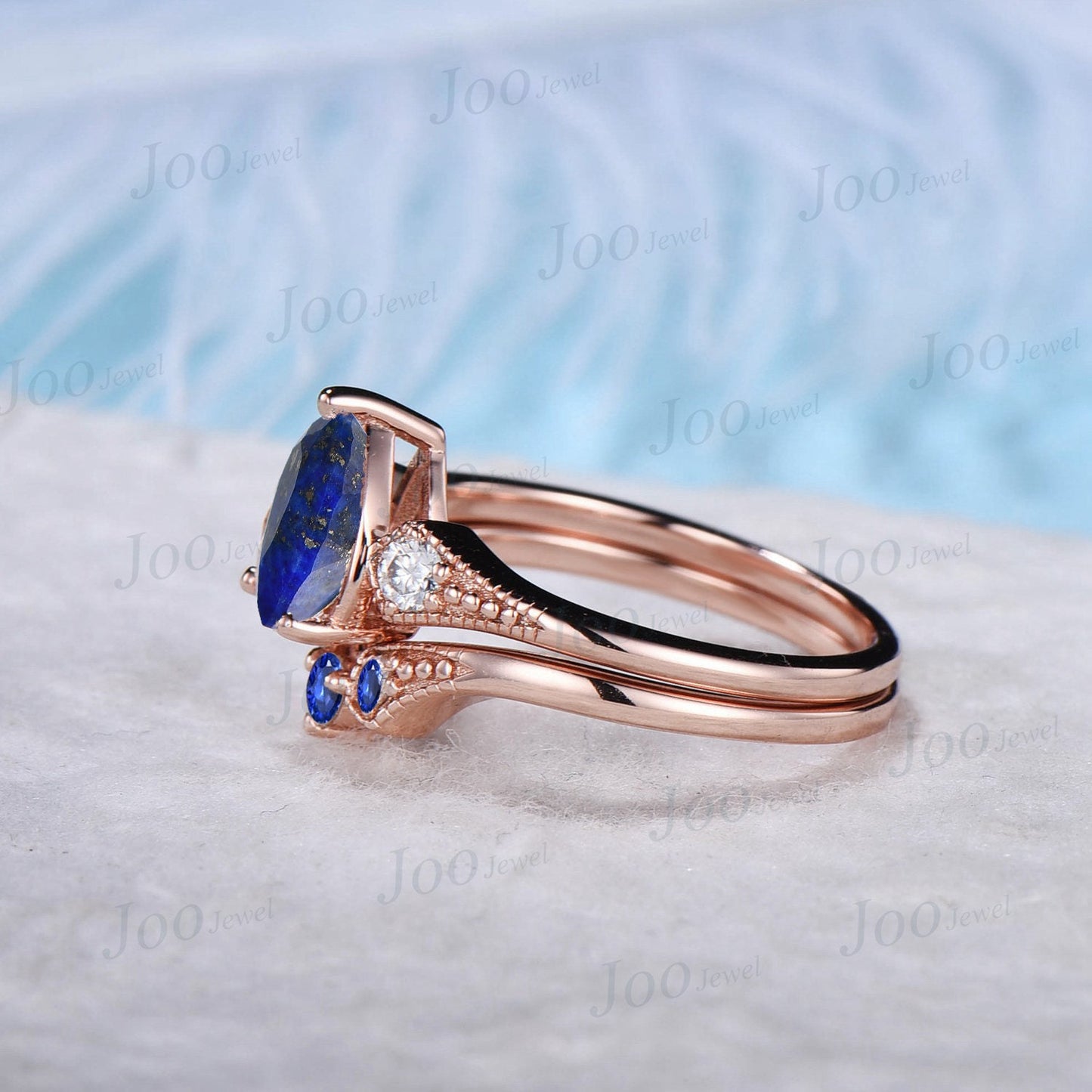 1.25ct Pear Shaped Natural Lapis Lazuli Solitaire Ring Set 14K Rose Gold Blue Sapphire Milgrain Wedding Ring Blue Lapis Jewelry Antique Gift