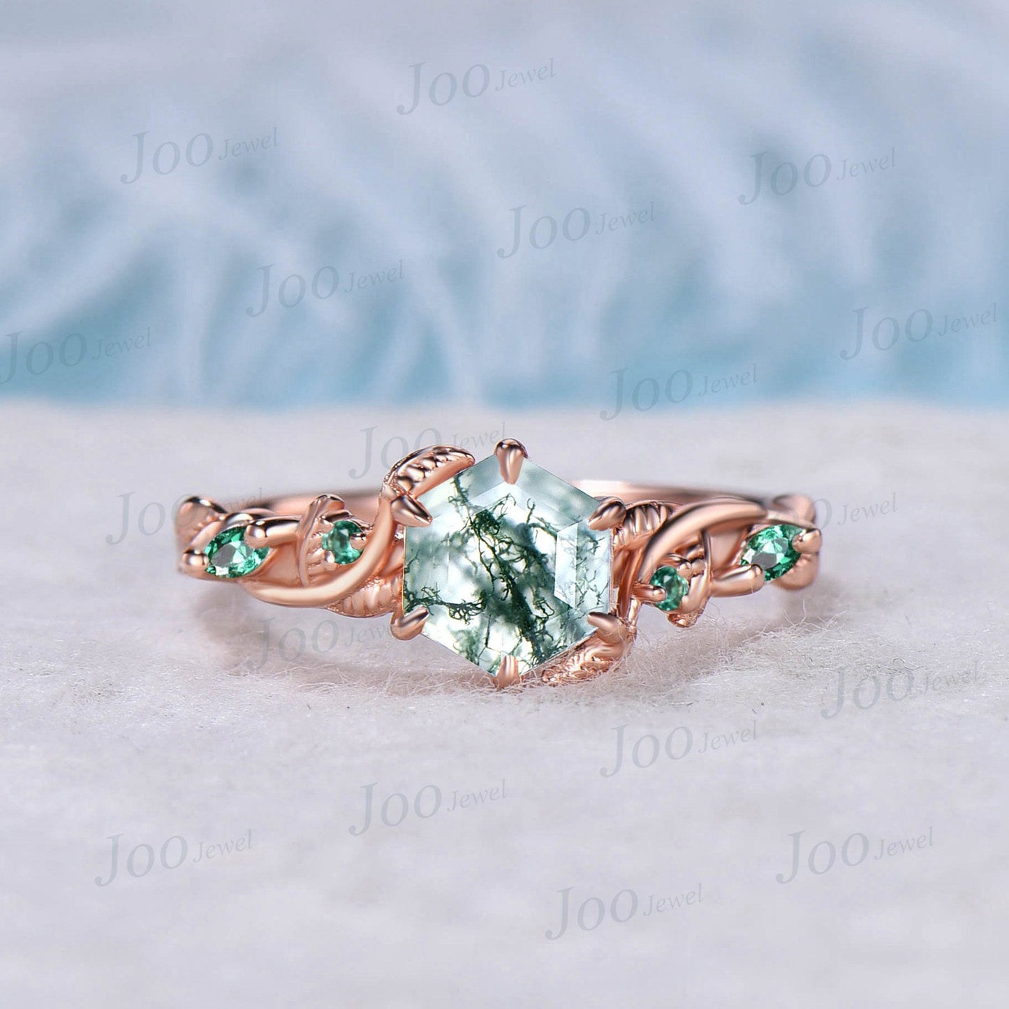 1ct Branch Leaves Moss Agate Ring 14K Rose Gold Nature Inspired Moss Agate Engagement Ring Set Emerald Opal Wedding Ring Unique Propose Gift
