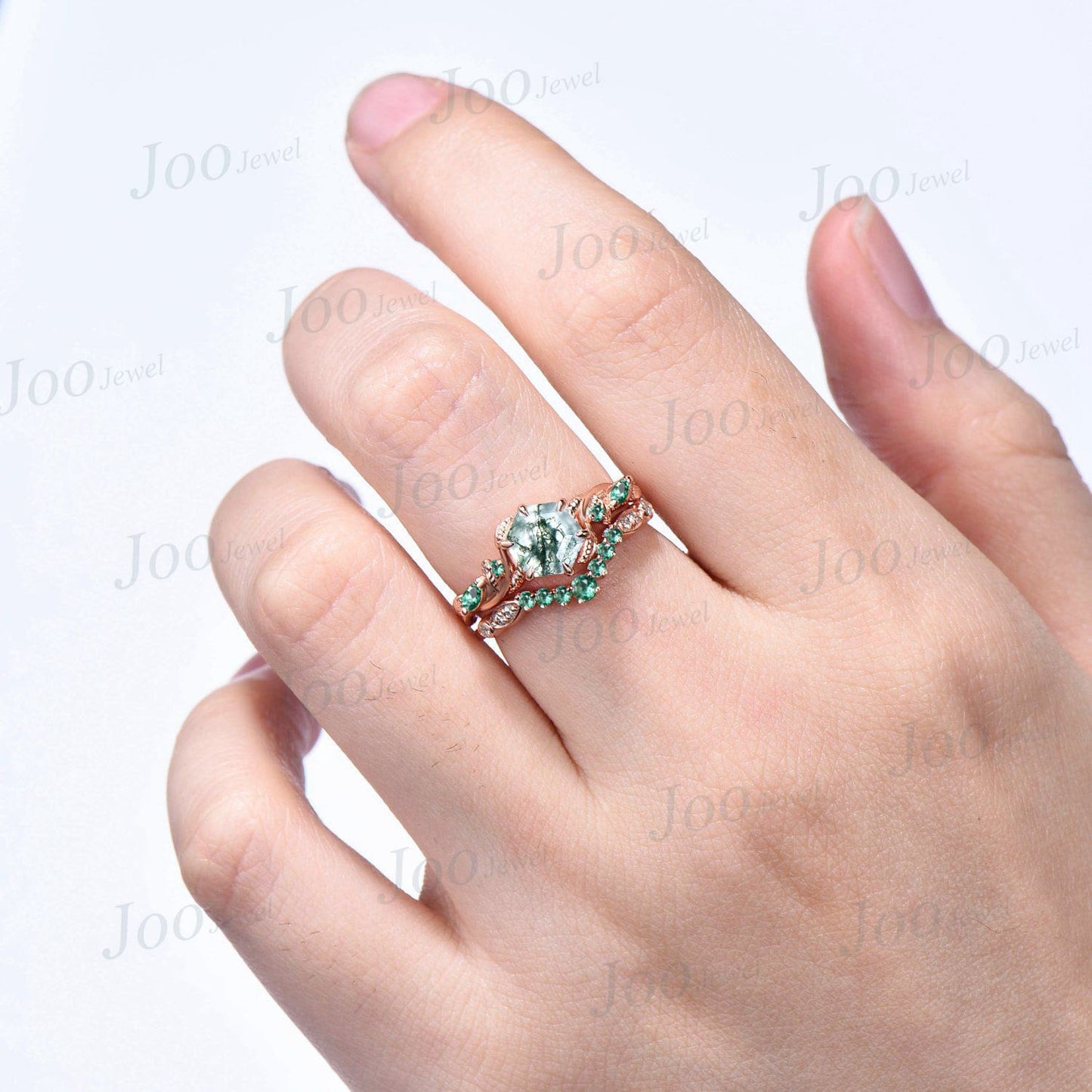 1ct Branch Leaves Natural Moss Agate Ring Set Nature Inspired Moss Agate Ring Set Unique Emerald Leaf Engagement Ring Handmade Propose Gifts