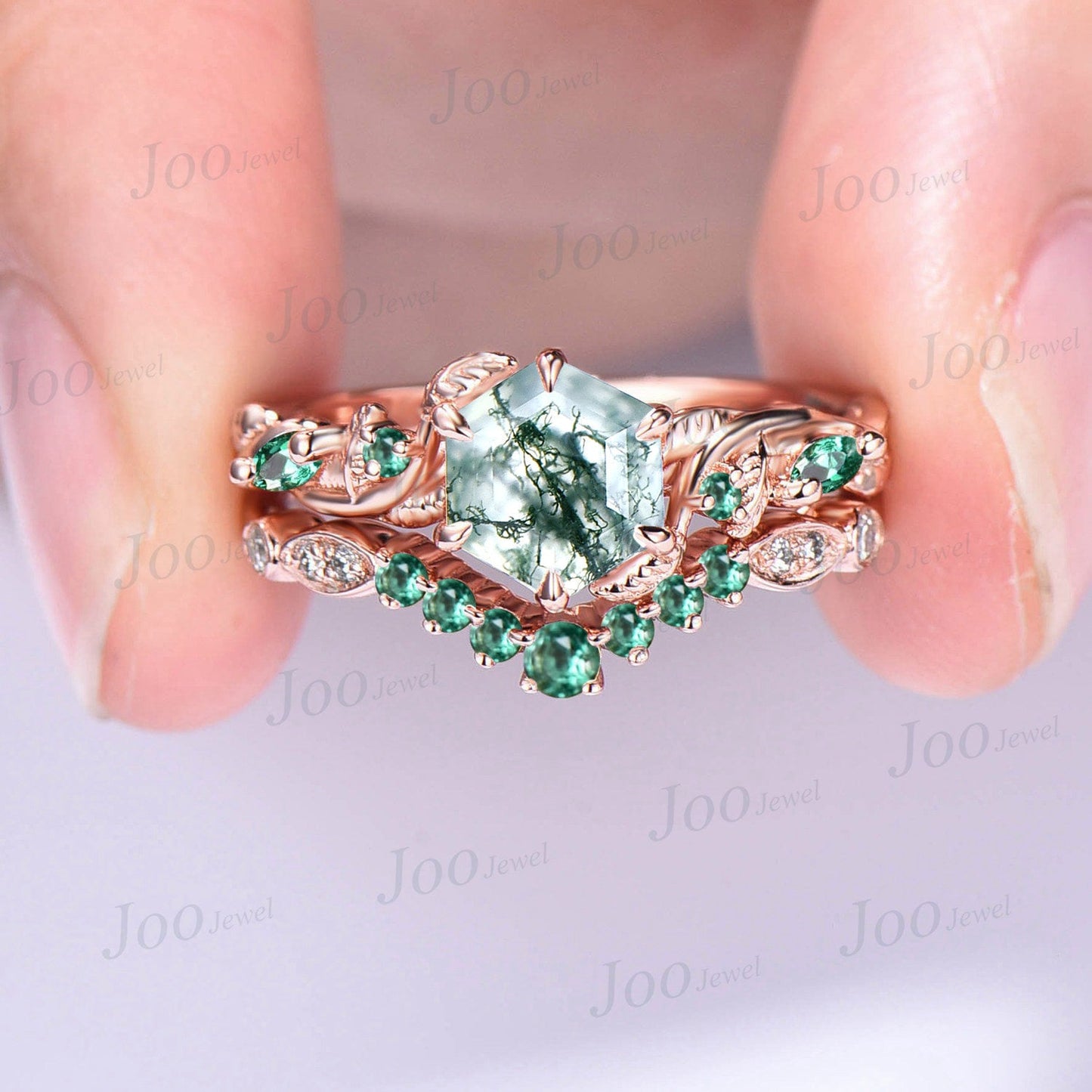 1ct Branch Leaves Natural Moss Agate Ring Set Nature Inspired Moss Agate Ring Set Unique Emerald Leaf Engagement Ring Handmade Propose Gifts