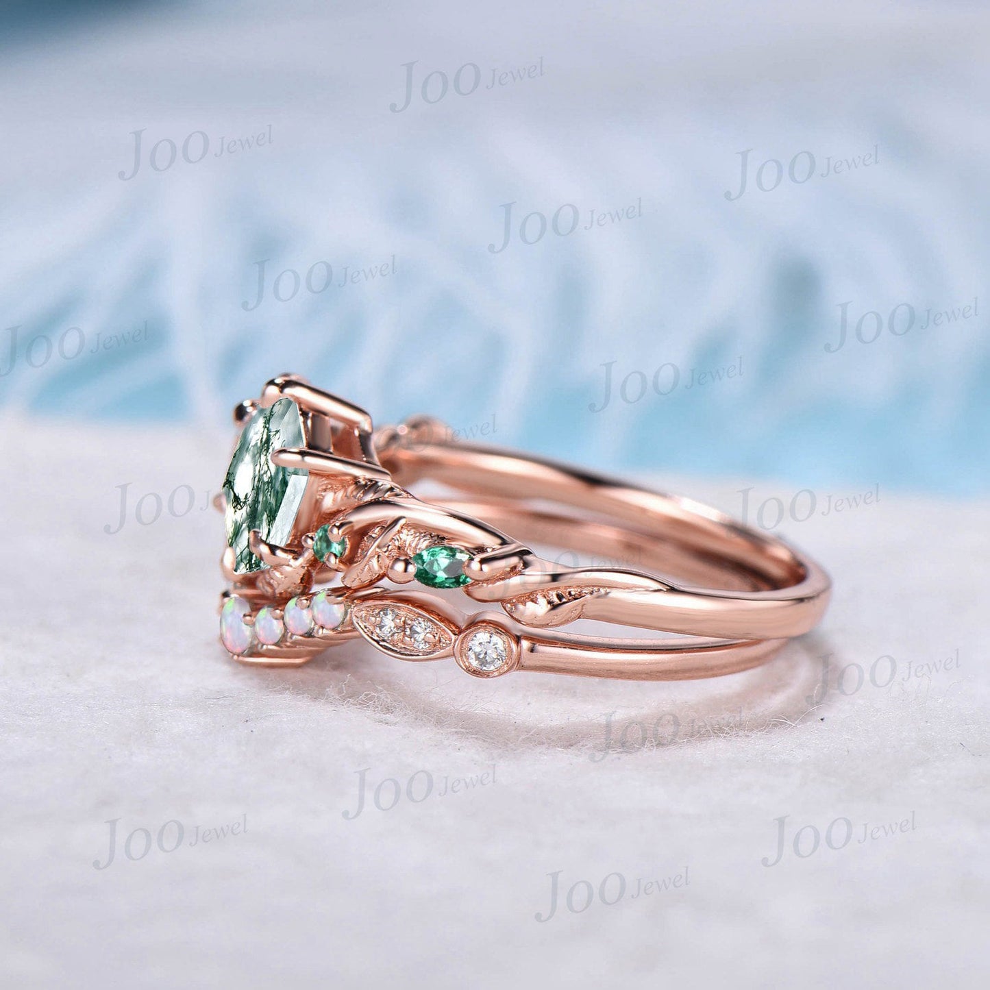 1ct Branch Leaves Moss Agate Ring 14K Rose Gold Nature Inspired Moss Agate Engagement Ring Set Emerald Opal Wedding Ring Unique Propose Gift