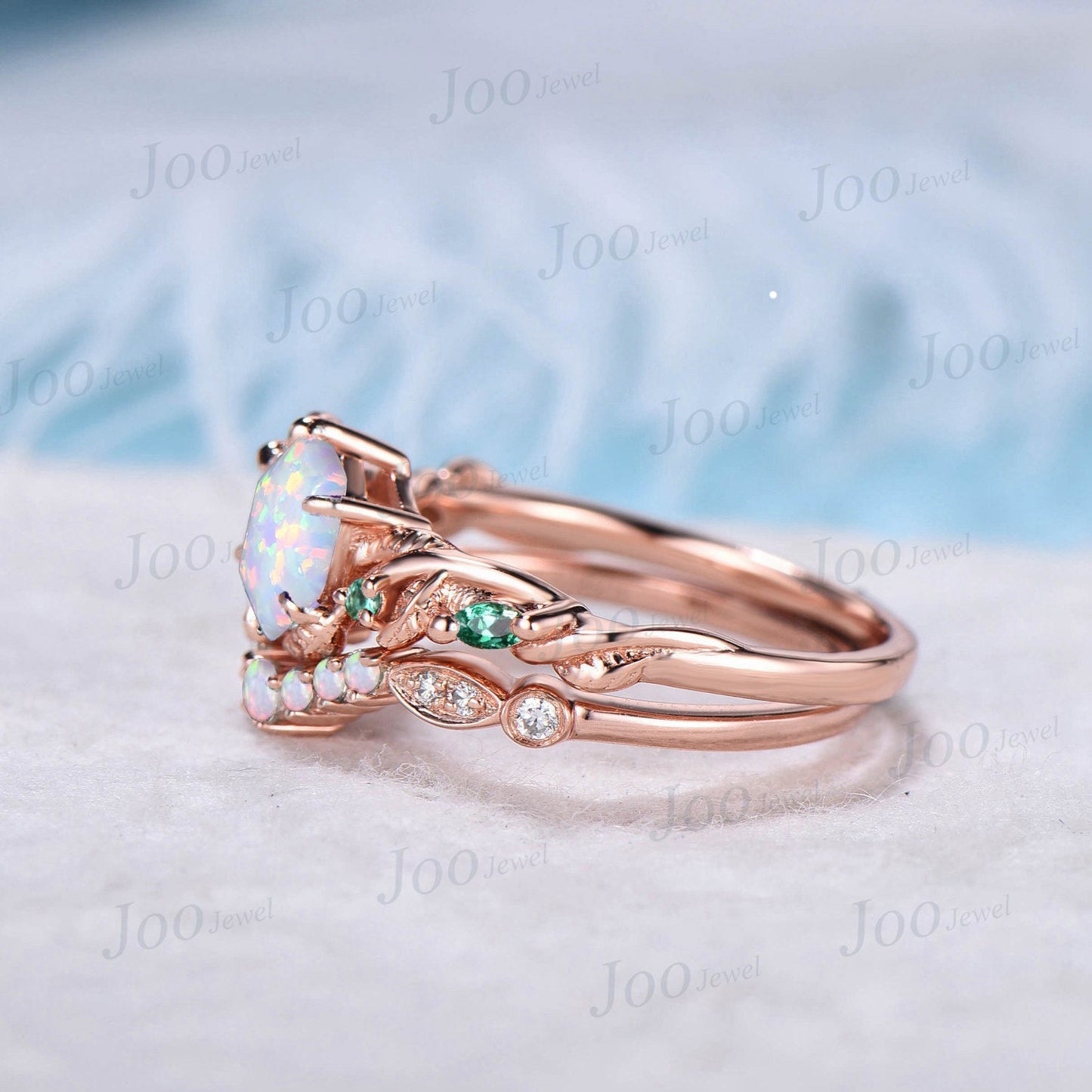 Nature Inspired Twig Opal Ring Set 10K Rose Gold Hexagon Opal Branch Engagement Ring Emerald Wedding Ring October Birthstone Birthday Gifts