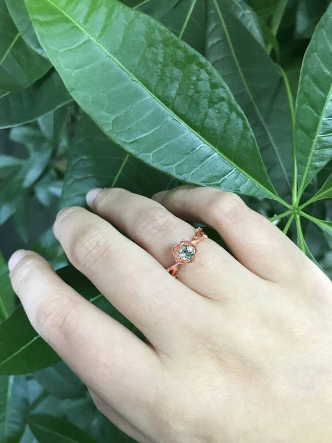 Nature Inspired Moss Agate Twig Ring Rose Flower Moss Agate Engagement Rings 14K Rose Gold Green Emerald Floral Ring Unique Wedding Gifts