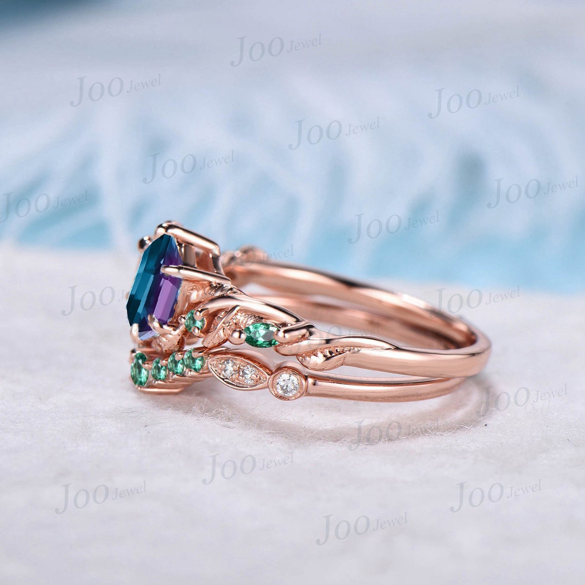 Unique Nature Inspired Alternative Alexandrite Engagement Ring Set 1ct Vine Branch Leaf Hexagon Alexandrite Ring Green Emerald Wedding Ring