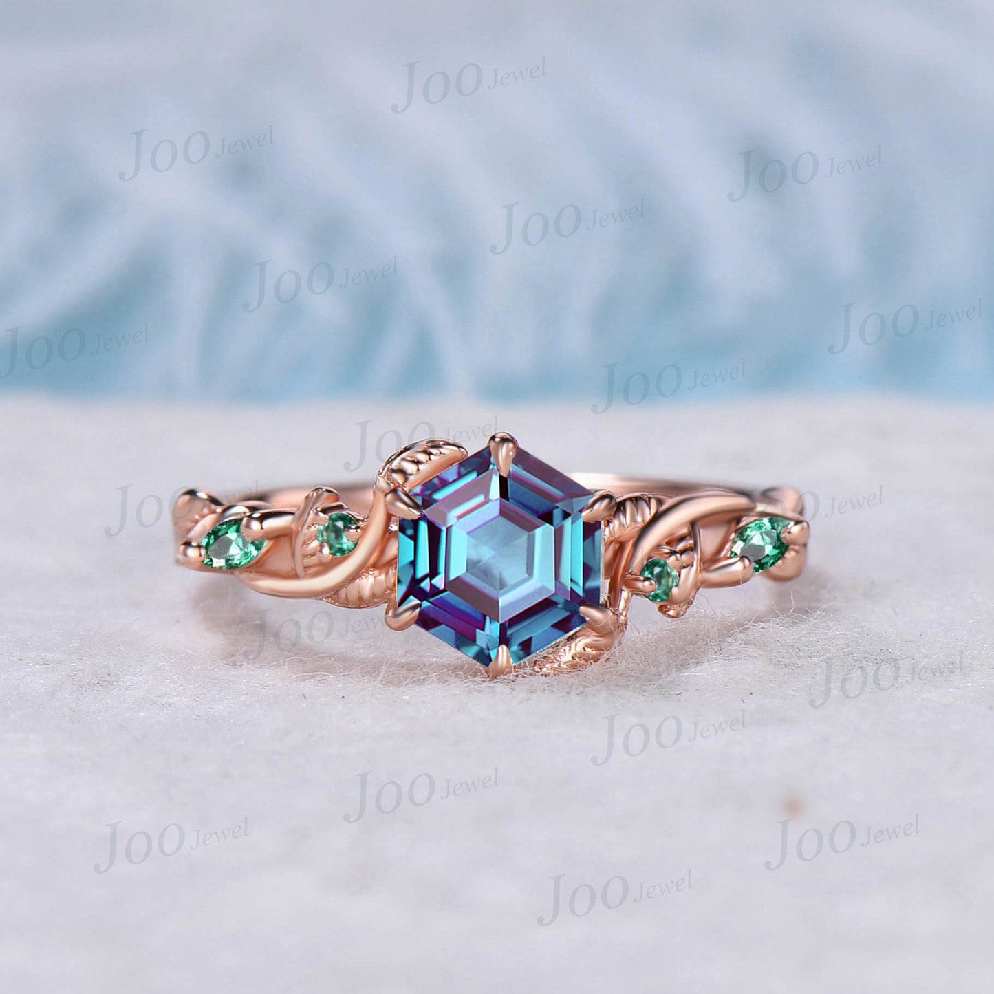 Unique Nature Inspired Alternative Alexandrite Engagement Ring Set 1ct Vine Branch Leaf Hexagon Alexandrite Ring Green Emerald Wedding Ring