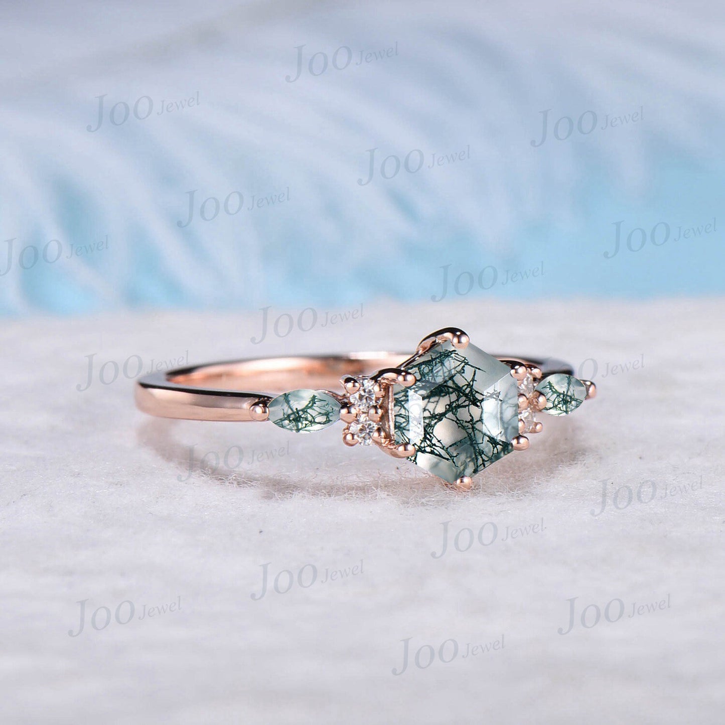 1ct Hexagon Cut Natural Moss Agate Engagement Rings 14k Rose Gold Cluster Aquatic Agate Promise Ring Marquise Moss Moissanite Wedding Ring