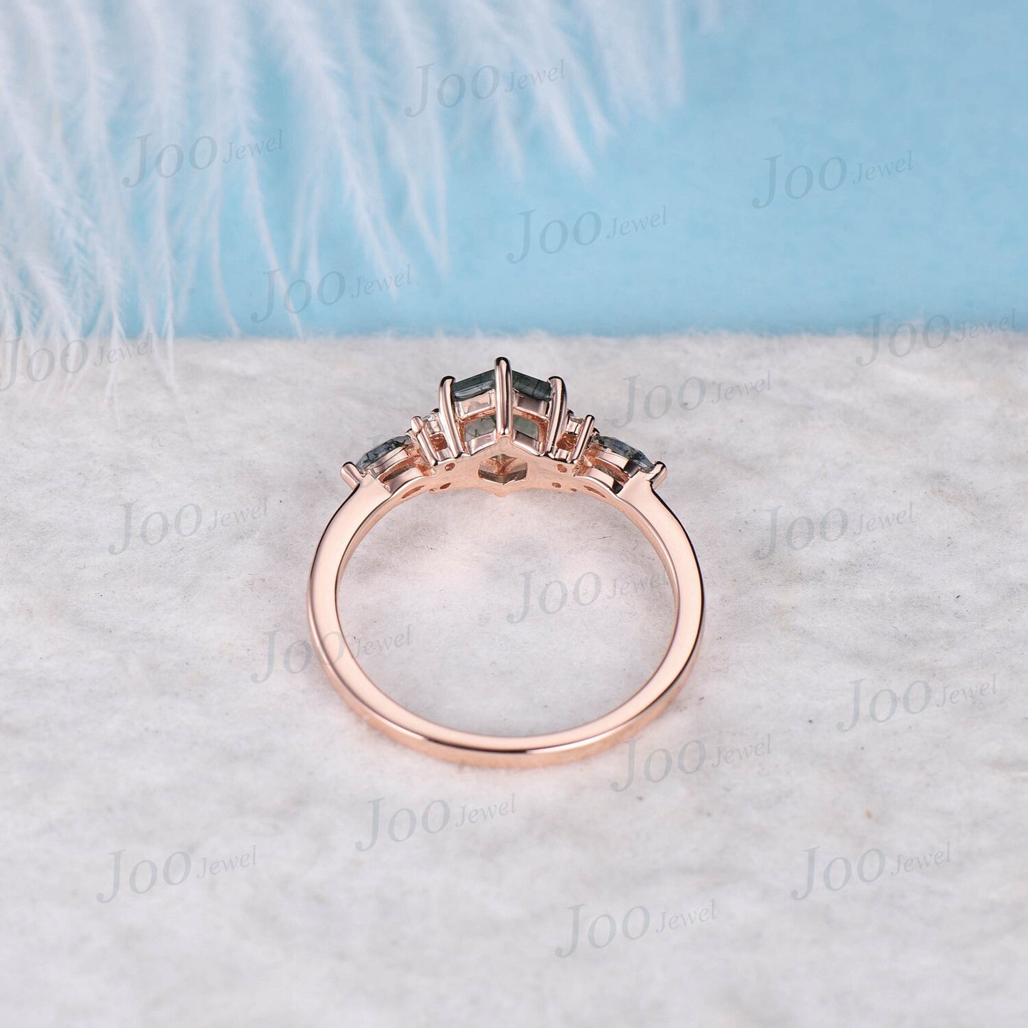 1ct Hexagon Cut Natural Moss Agate Engagement Rings 14k Rose Gold Cluster Aquatic Agate Promise Ring Marquise Moss Moissanite Wedding Ring