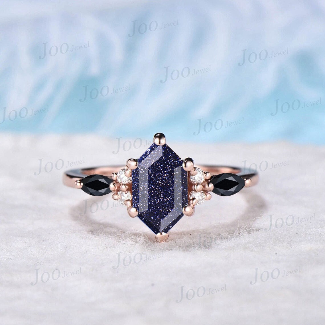 Sterling Silver Hexagon Cut Starry Sky Blue Sandstone Engagement Ring Vintage Cluster Moissanite Black Gemstone Ring Personalized Ring Gifts