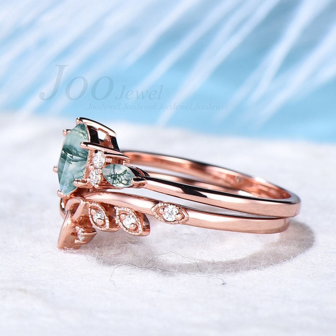 1ct Hexagon Real Green Moss Agate Engagement Rings Set 10K/14K/18K Rose Gold Vintage Marquise Moss Agate Ring Moissanite Celtic Wedding Set