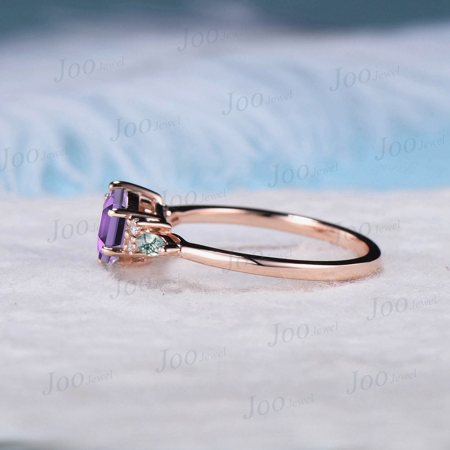 Unique Natural Amethyst Promise Ring Rose Gold Hexagon Amethyst Engagement Ring Moss Agate Wedding Ring Bridal Anniversary Ring Gift Women