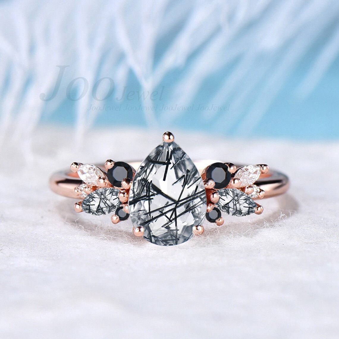 1.25ct Pear Natural Black Rutilated Quartz Cluster Wedding Ring Black Engagement Ring Sterling Silver Black Rutile Ring Unique Promise Ring