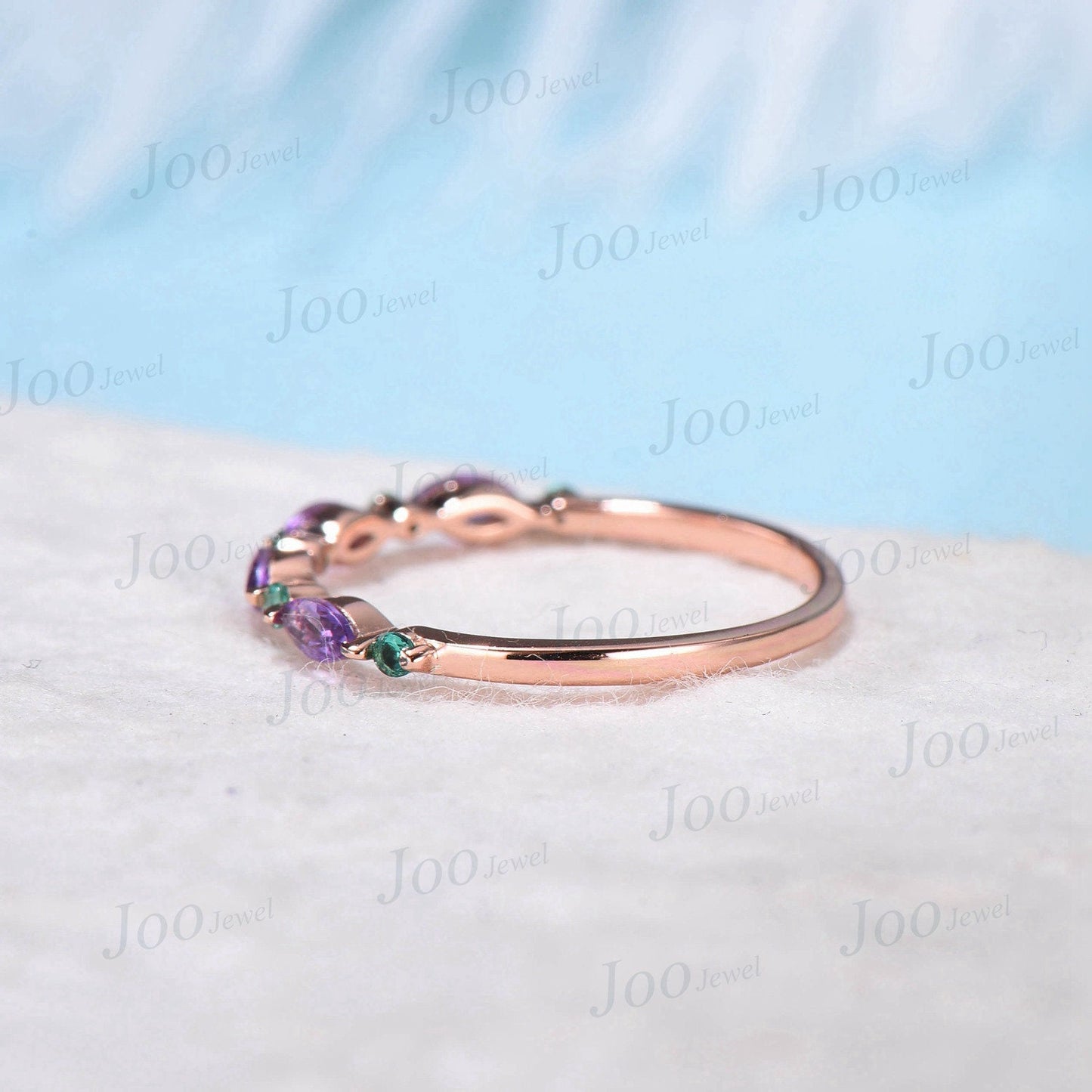 10K/14K/18K Rose Gold Marquise Natural Purple Amethyst Wedding Band February Birthstone Jewelry Emerald Ring Minimalist Crystal Wedding Ring