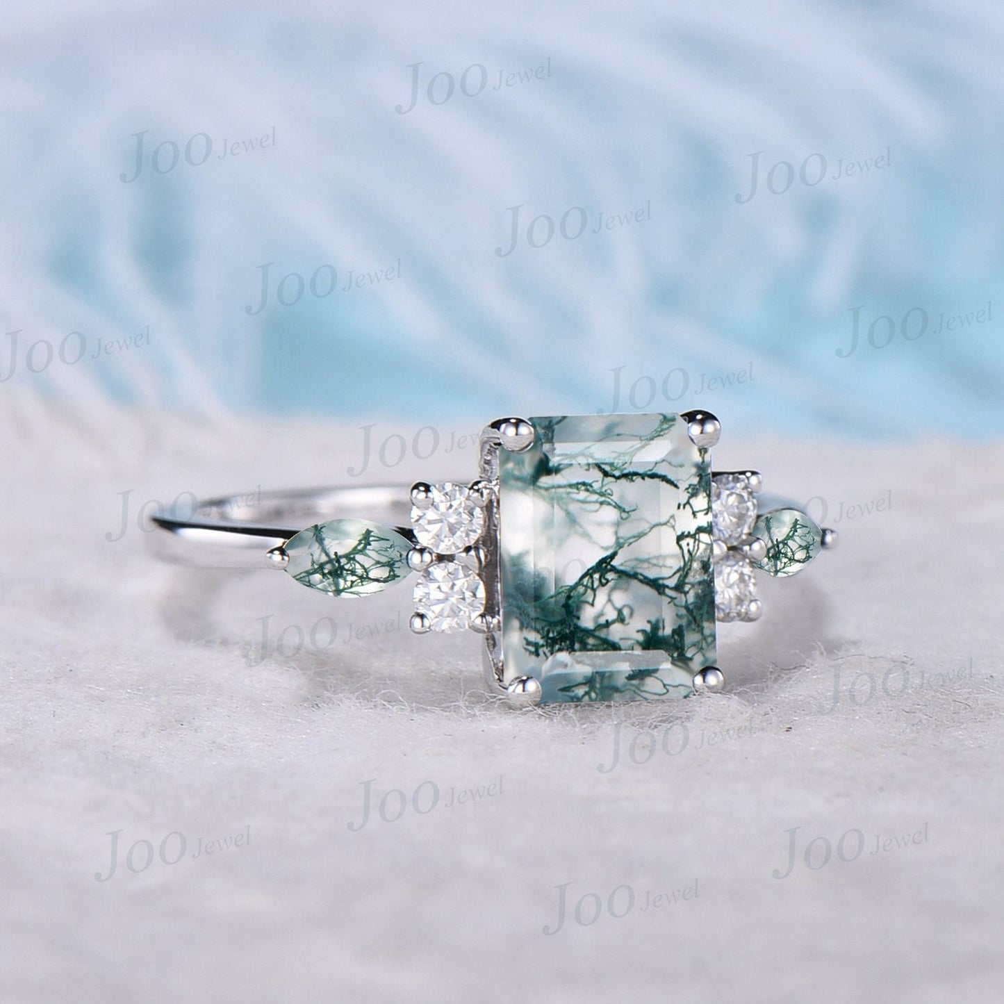 2ct Emerald Cut Natural Moss Agate Engagement Rings Platinum Ring Cluster Aquatic Agate Promise Ring Marquise Moss Moissanite Wedding Ring