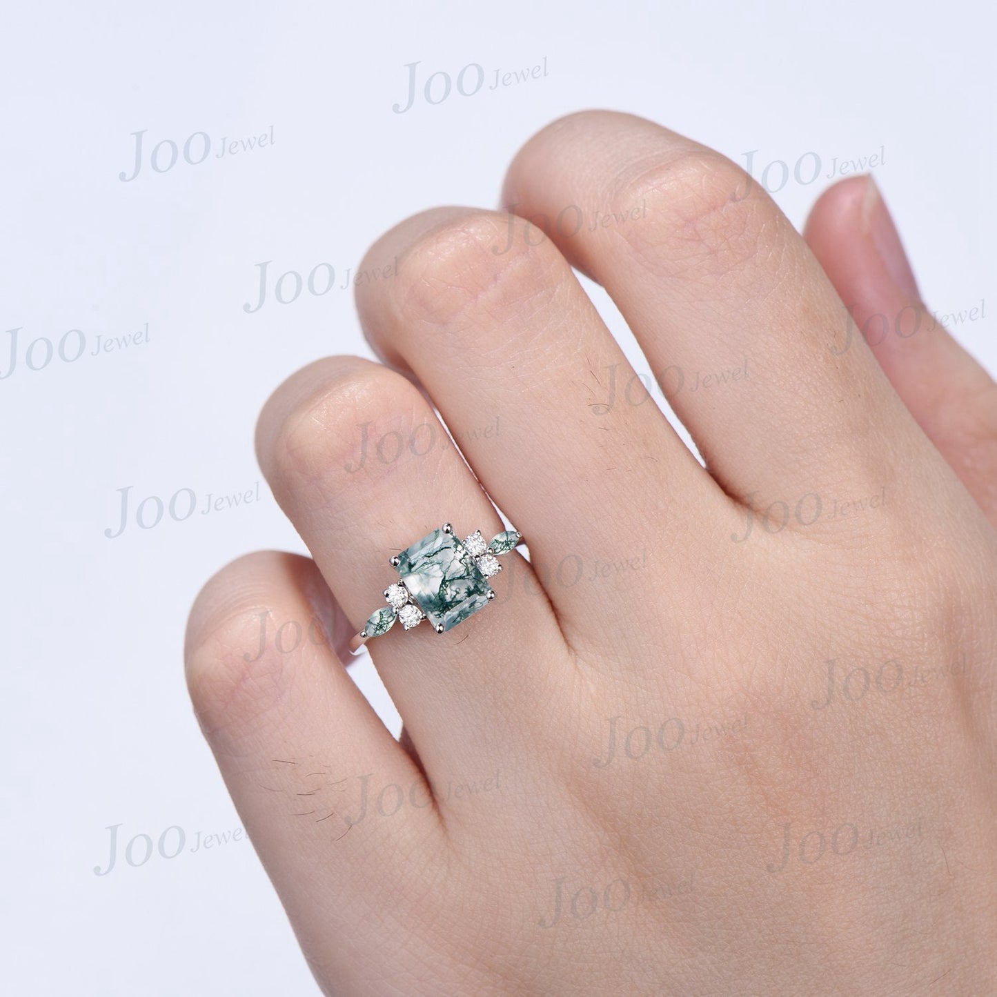 2ct Emerald Cut Natural Moss Agate Engagement Rings Platinum Ring Cluster Aquatic Agate Promise Ring Marquise Moss Moissanite Wedding Ring