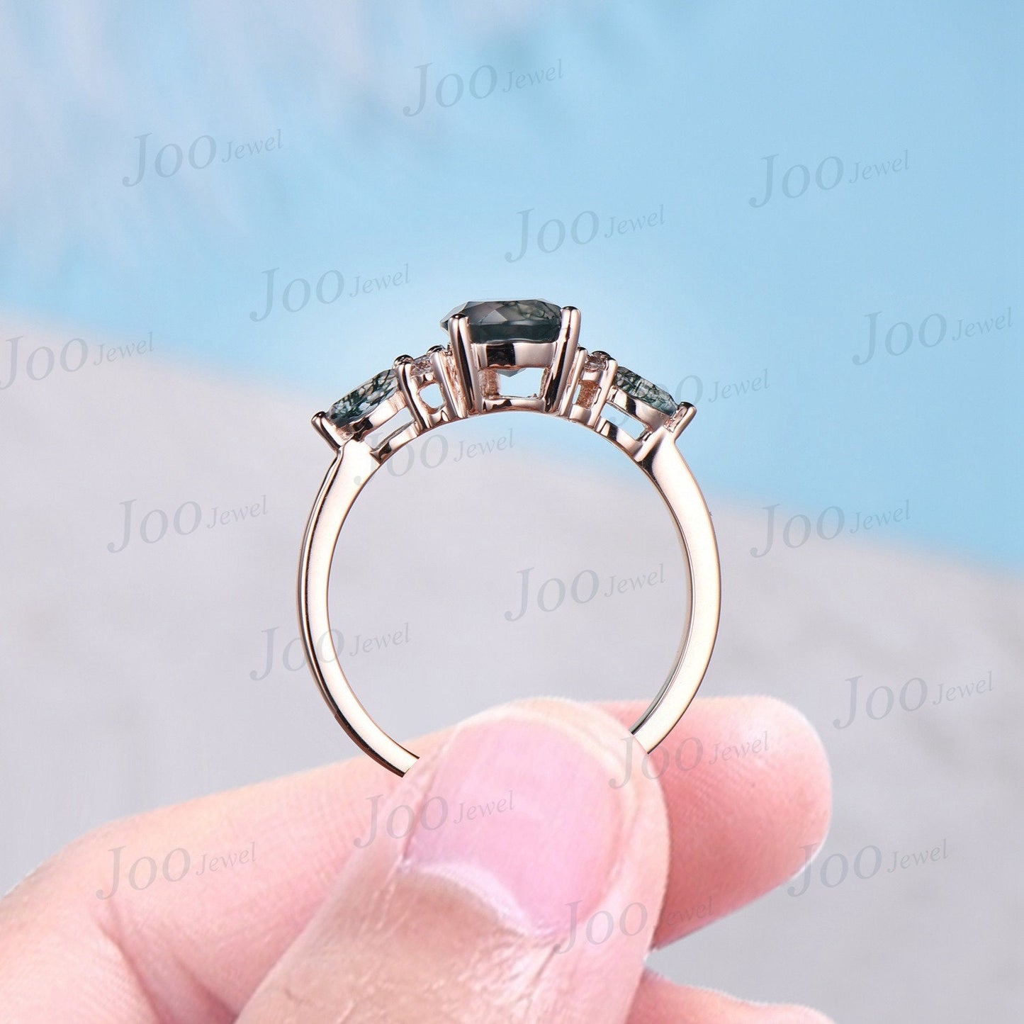 Unique 1.25ct Natural Moss Agate Ring Rose Gold Pear Cut Moss Agate Engagement Ring Green Agate Promise Ring Moissanite Wedding Ring Women