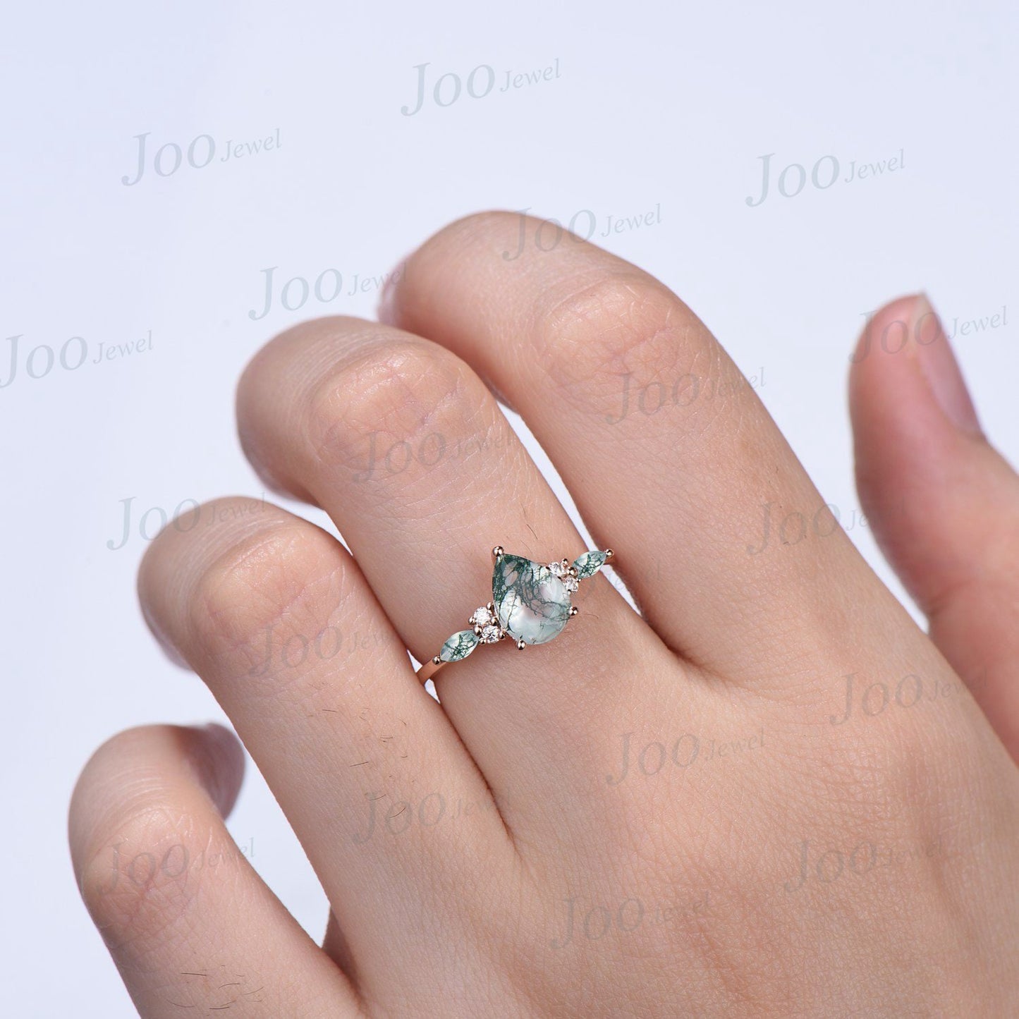 Unique 1.25ct Natural Moss Agate Ring Rose Gold Pear Cut Moss Agate Engagement Ring Green Agate Promise Ring Moissanite Wedding Ring Women