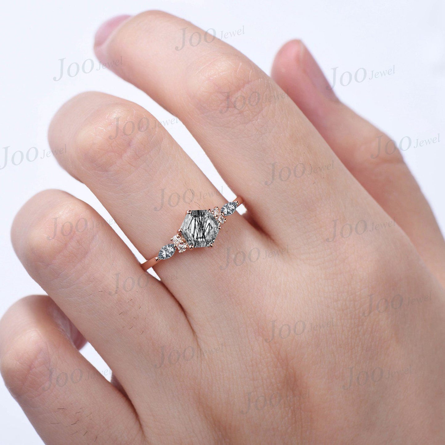 1ct Hexagon Cut Natural Black Rutilated Quartz Engagement Ring Vintage 10K Rose Gold Black Rutile Crystal Ring Unique Wedding/Birthday Gift