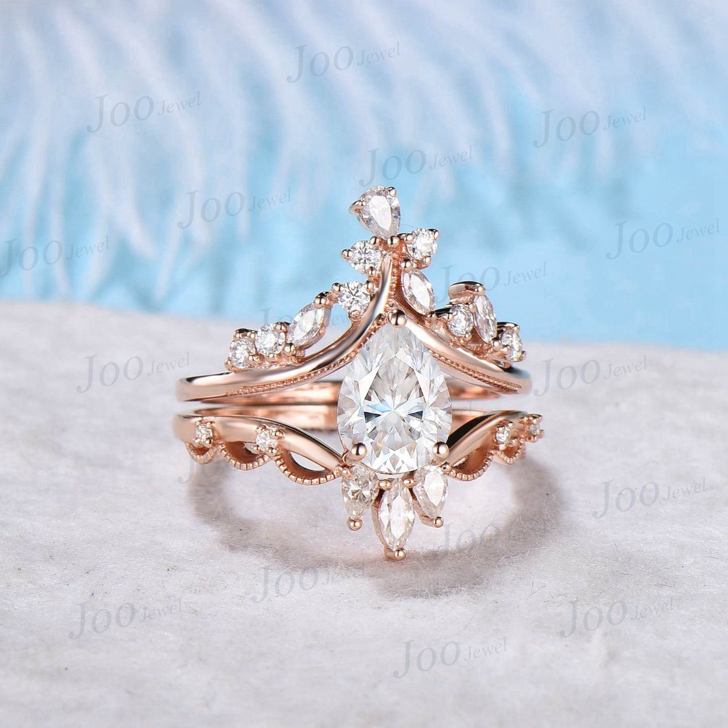 1.25ct Vintage Moissanite Engagement Ring Pear Shaped Art Deco Engagement Ring Cocktail Moissanite Rings 14K Rose Gold Wedding Bridal Set