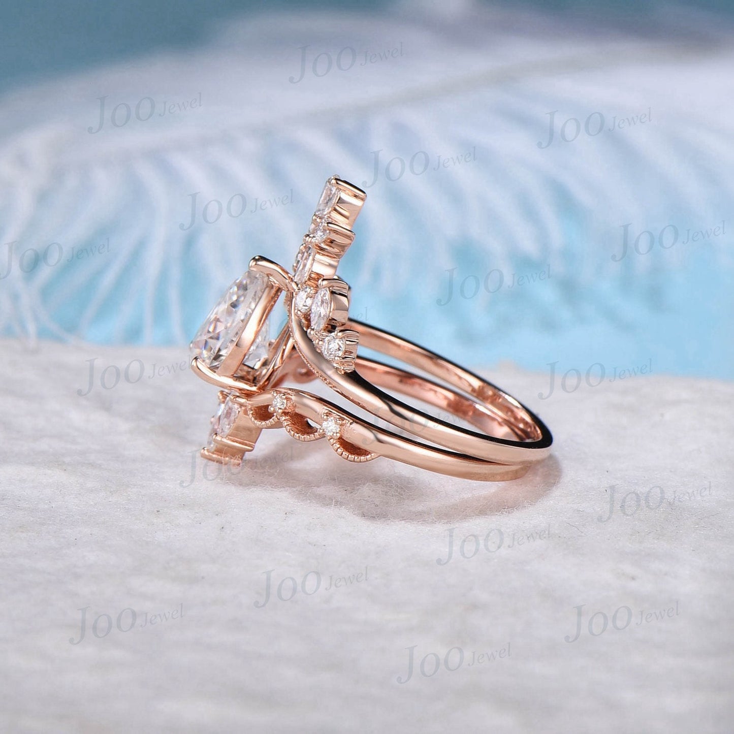 1.25ct Vintage Moissanite Engagement Ring Pear Shaped Art Deco Engagement Ring Cocktail Moissanite Rings 14K Rose Gold Wedding Bridal Set