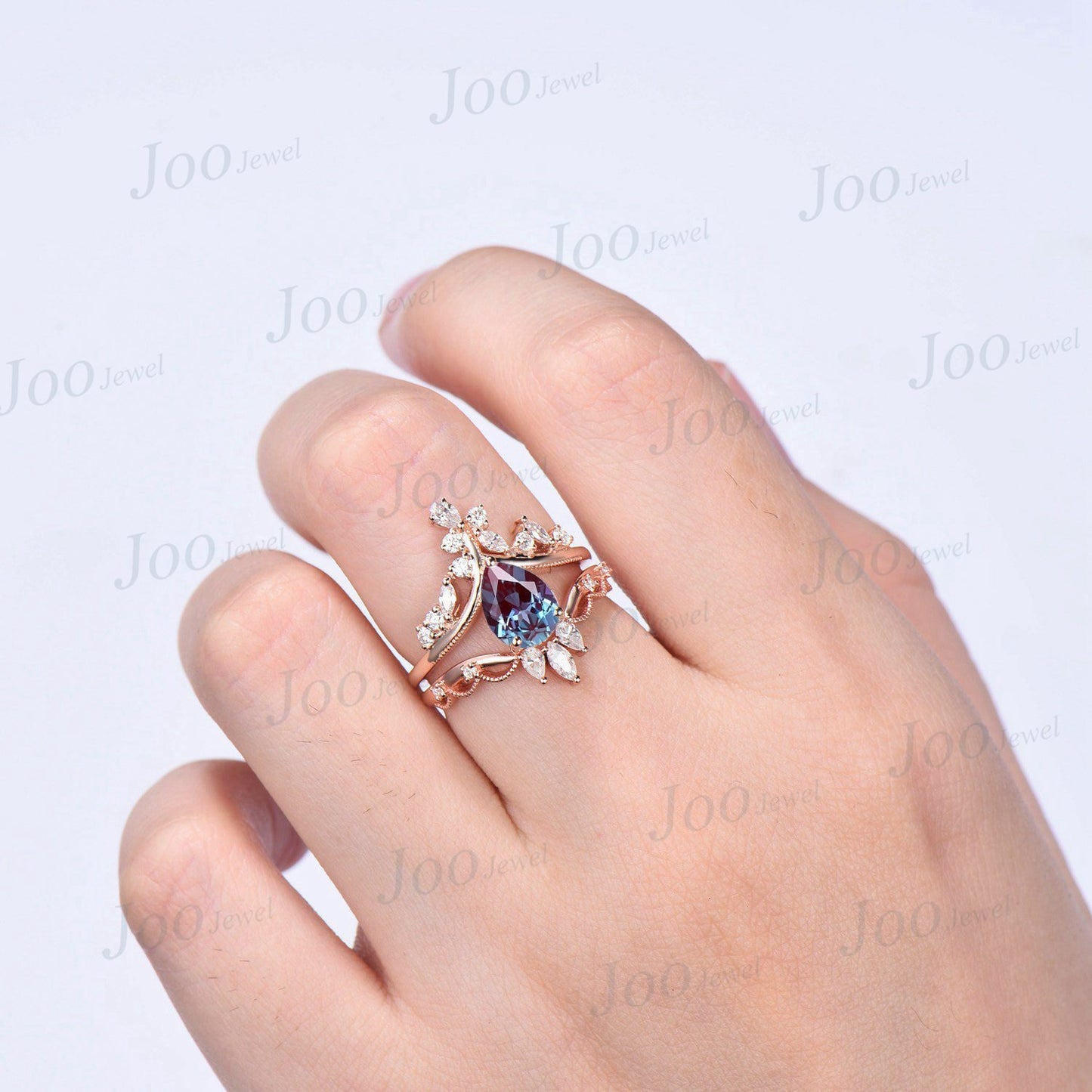 1.25ct Vintage Alexandrite Engagement Ring Pear Shaped Art Deco Cluster Engagement Ring Cocktail Moissanite Rings 14K Rose Gold Bridal Set