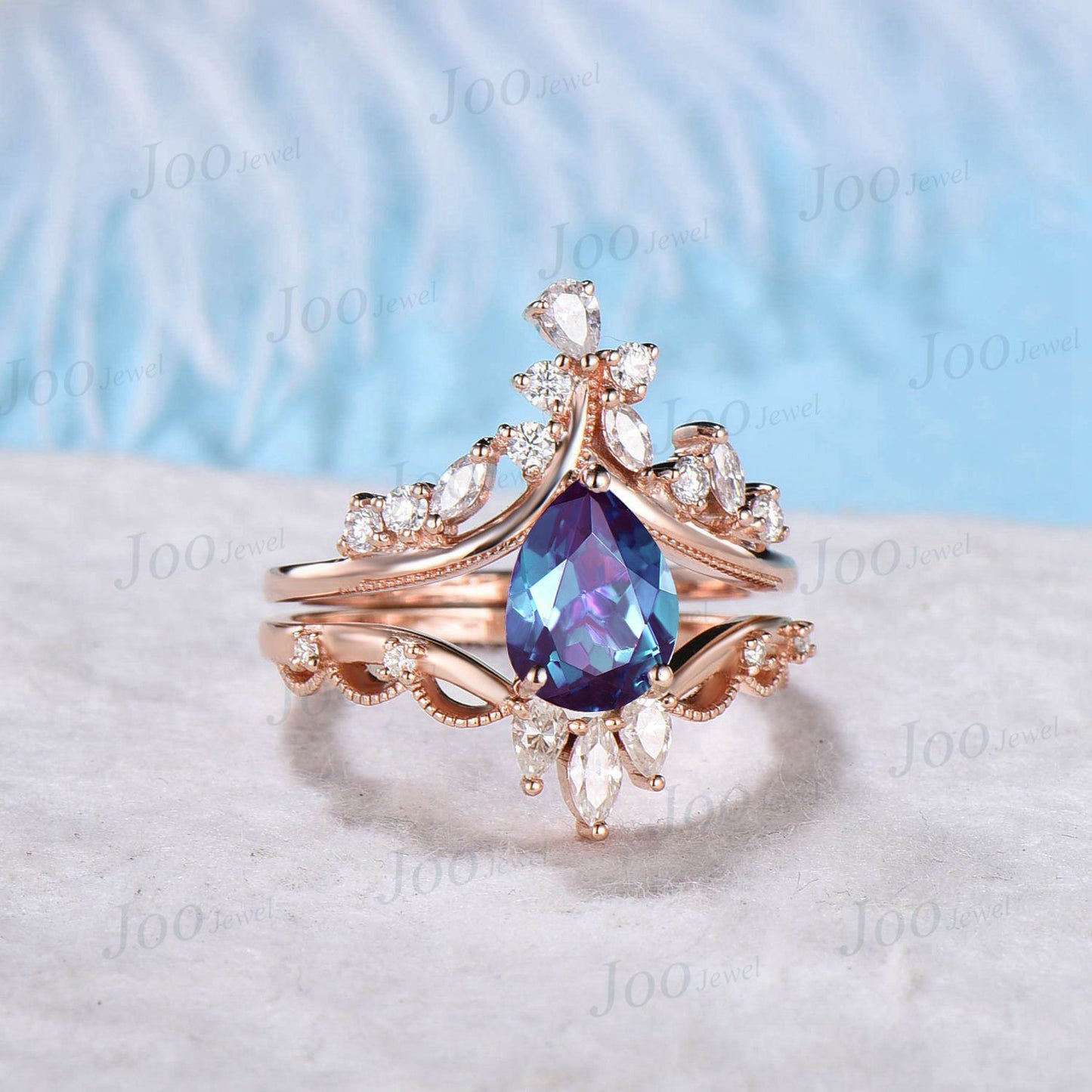 1.25ct Vintage Alexandrite Engagement Ring Pear Shaped Art Deco Cluster Engagement Ring Cocktail Moissanite Rings 14K Rose Gold Bridal Set