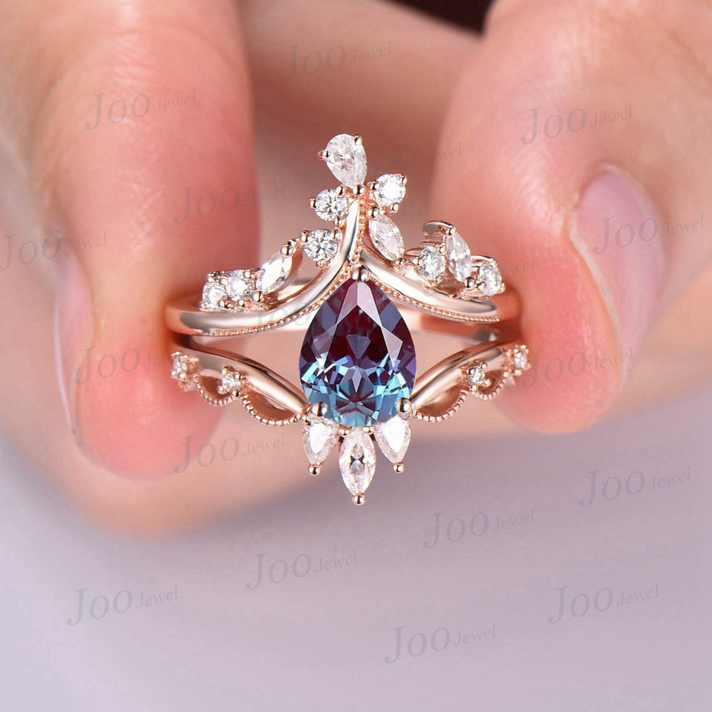 1.25ct Vintage Alexandrite Engagement Ring Pear Shaped Art Deco Cluster Engagement Ring Cocktail Moissanite Rings 14K Rose Gold Bridal Set