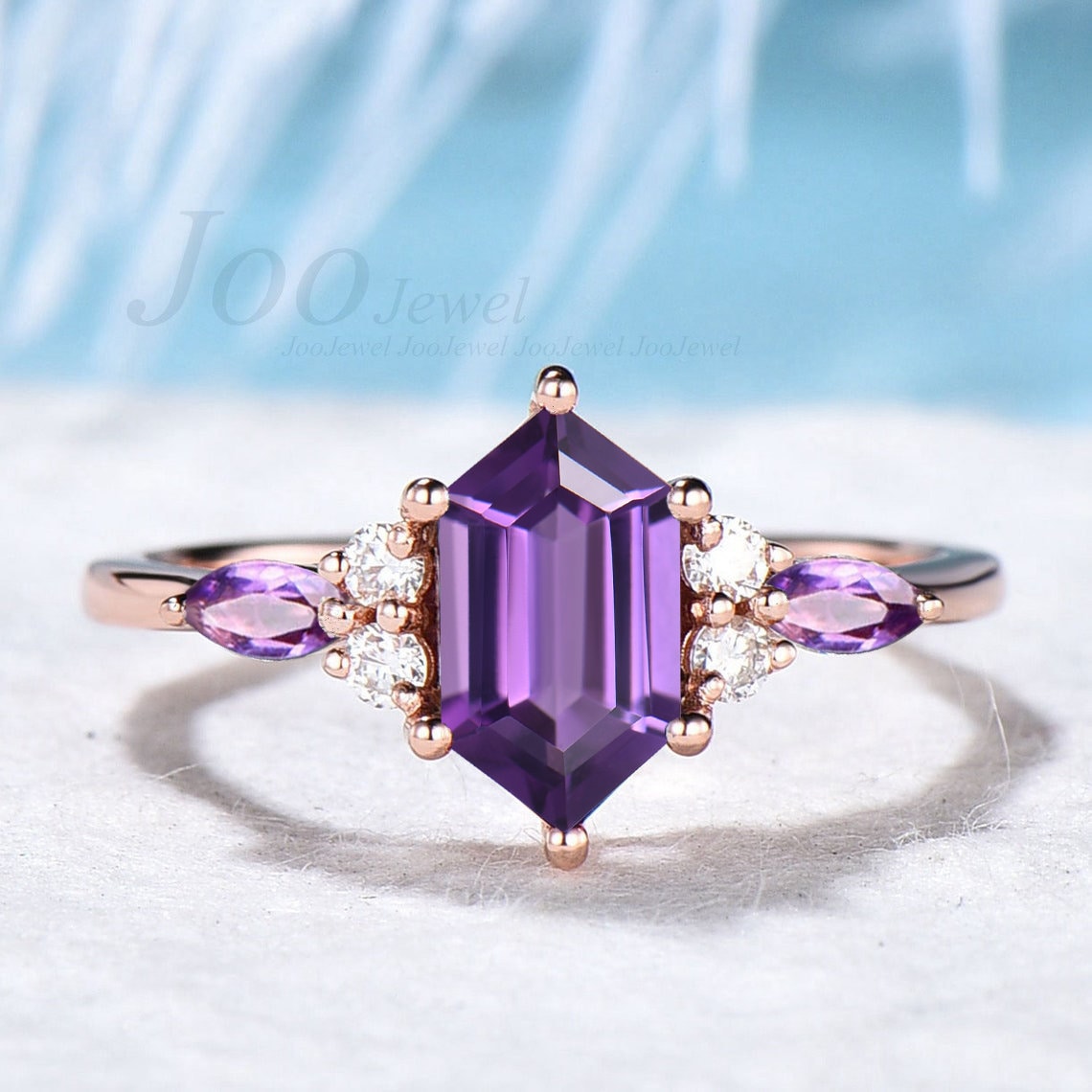 Hexagon Cut Natural Purple Amethyst Ring Unique Amethyst Engagement Ring Sterling Silver Crystal Bridal Wedding Ring Anniversary Gifts Women
