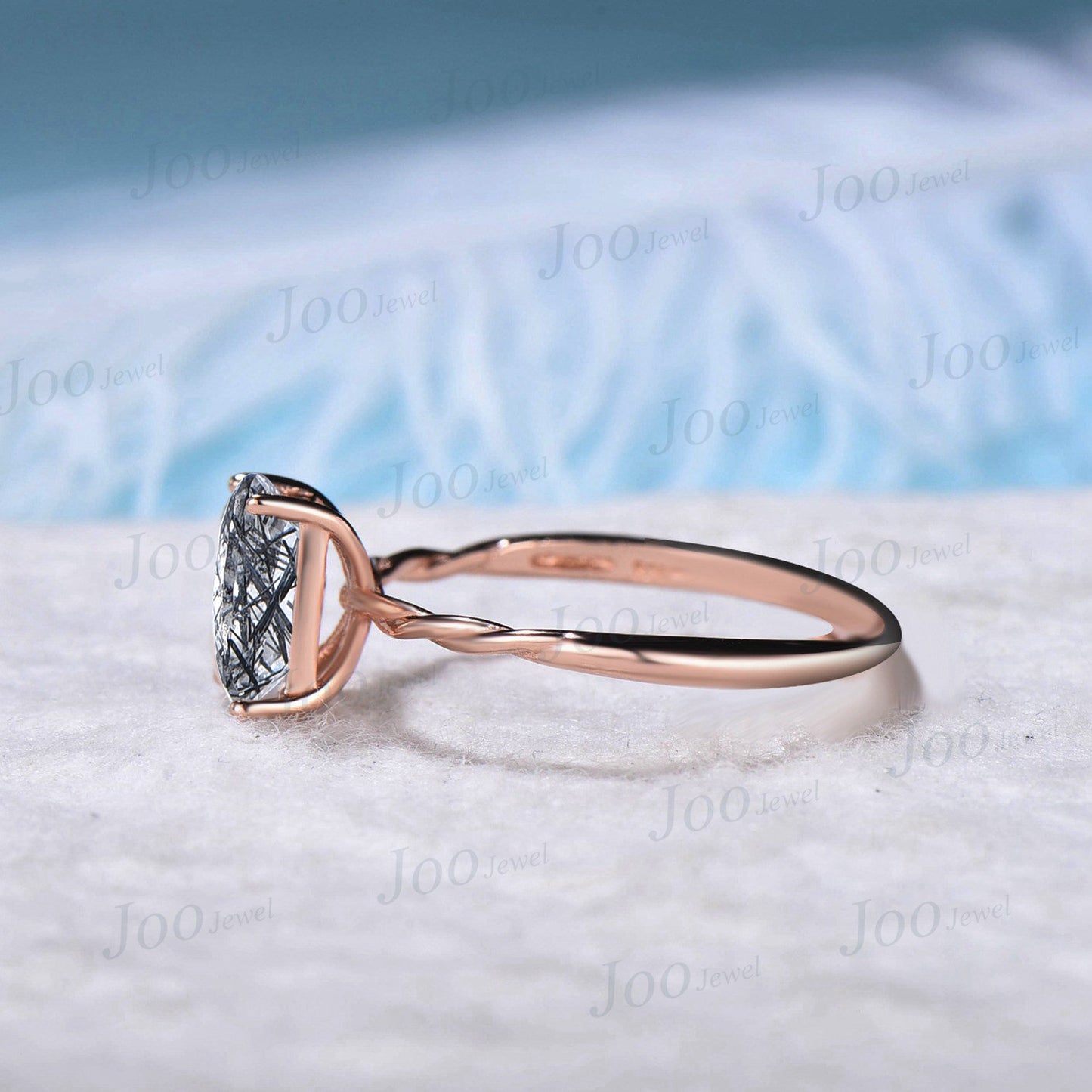 Emerald Cut Solitaire Wedding Ring 10K Rose Gold Natural Black Rutilated Quartz Engagement Ring Twist Band Crystal Ring Unique Promise Ring