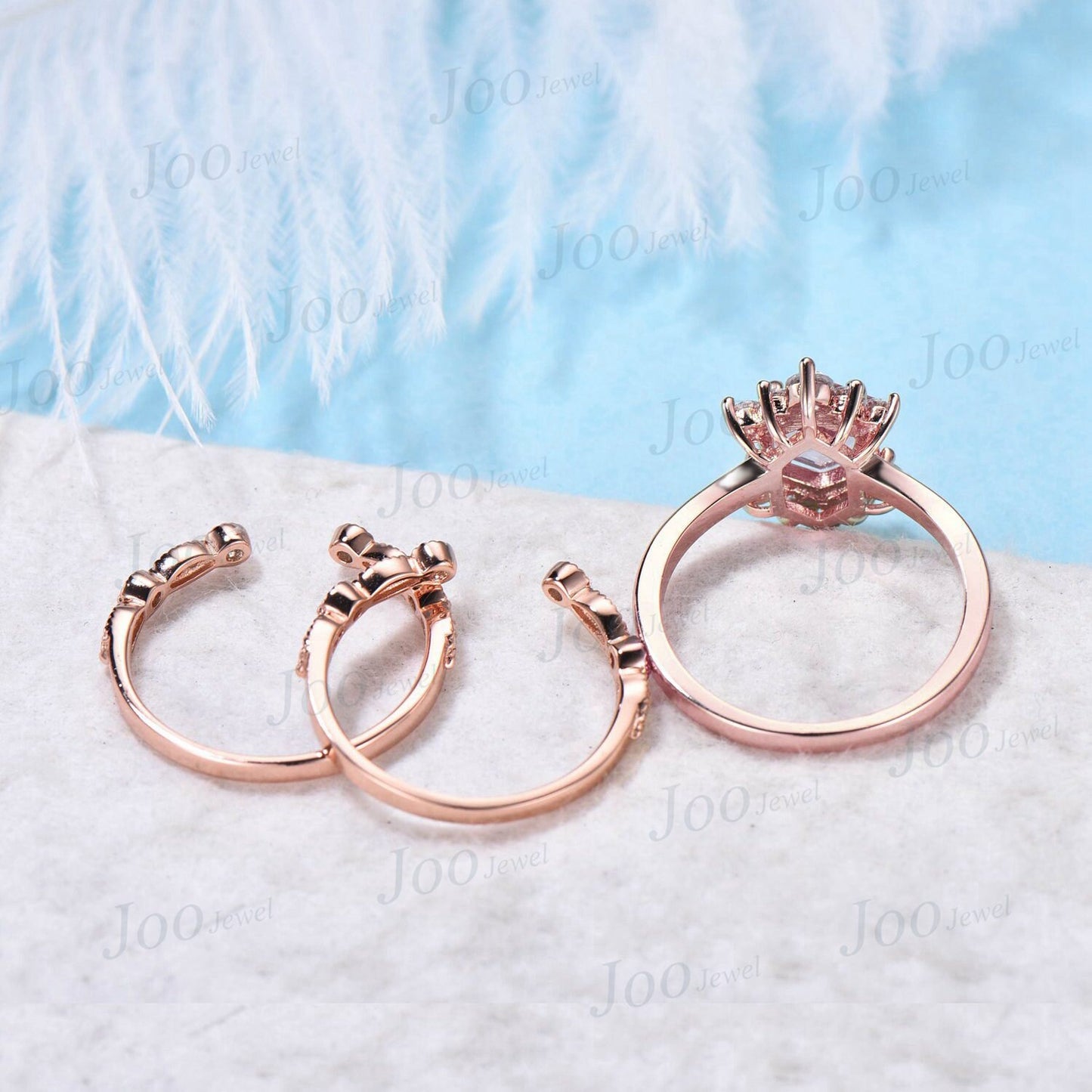 3pc Starry Sky Blue Sandstone Cluster Bridal Set Hexagon Cut Blue Goldstone Solitaire Engagement Ring Milgrain Moissanite Open Wedding Band