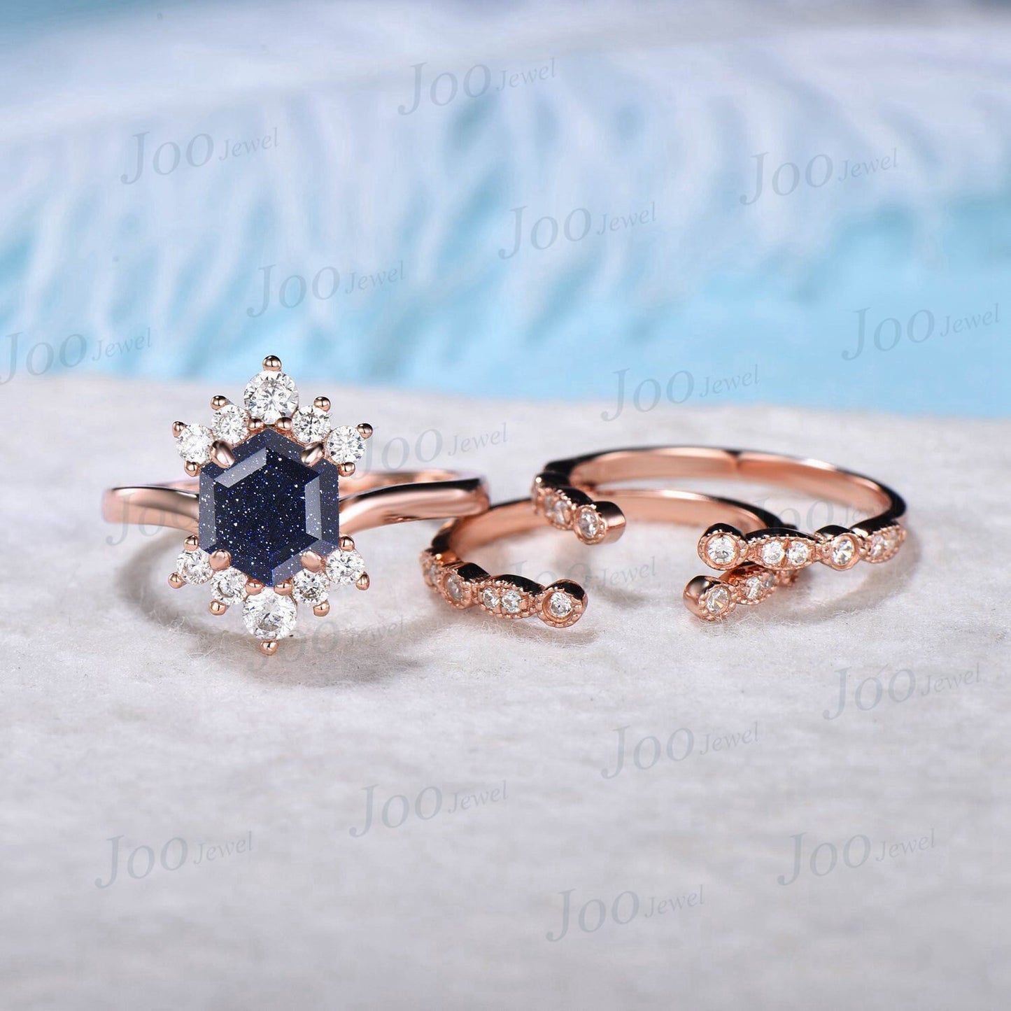 3pc Starry Sky Blue Sandstone Cluster Bridal Set Hexagon Cut Blue Goldstone Solitaire Engagement Ring Milgrain Moissanite Open Wedding Band