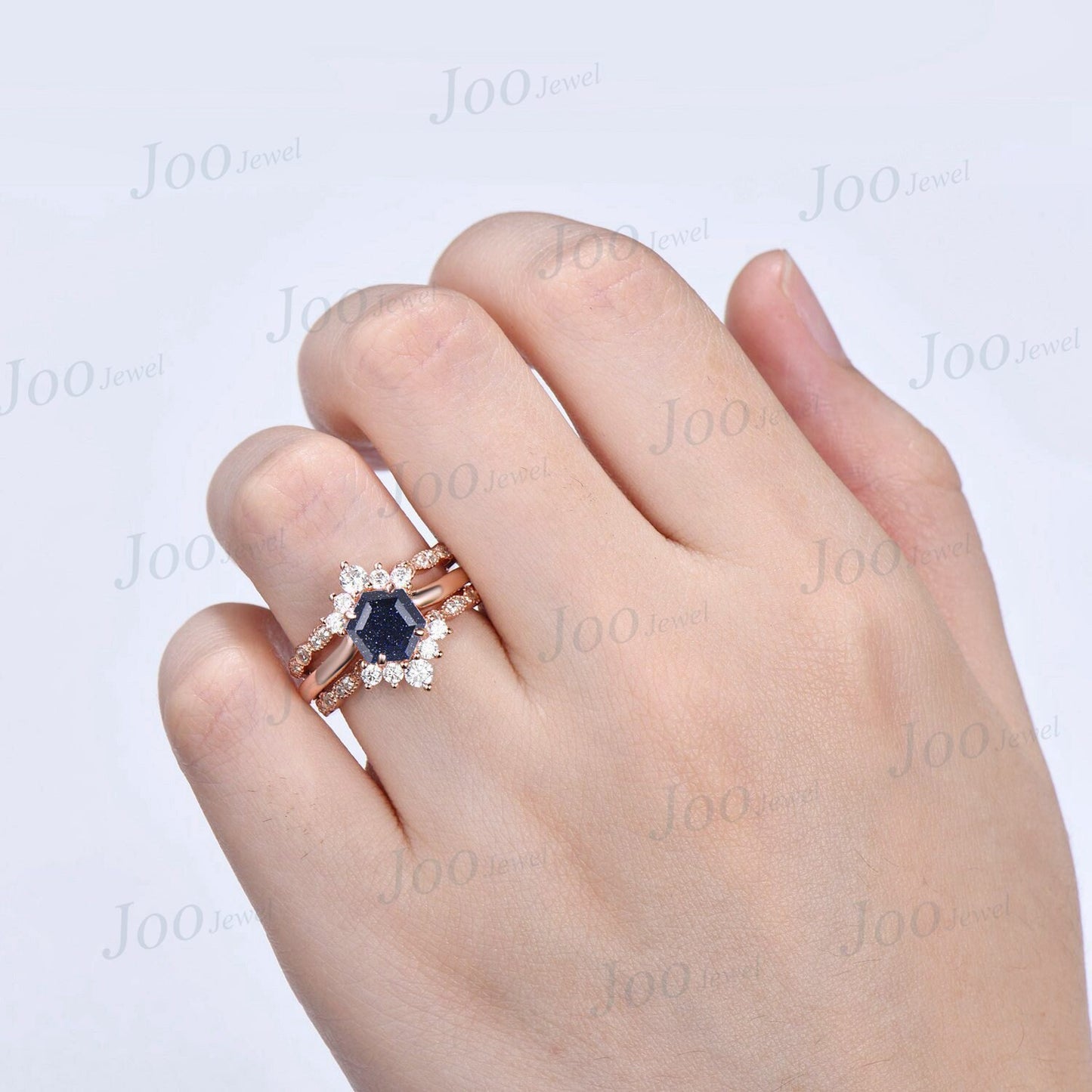 3pc Starry Sky Blue Sandstone Cluster Bridal Set Hexagon Cut Blue Goldstone Solitaire Engagement Ring Milgrain Moissanite Open Wedding Band