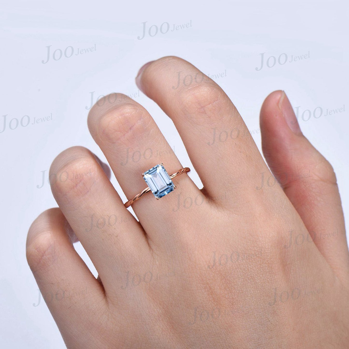 2ct Emerald Cut 10K Rose Gold Blue Aquamarine Solitaire Ring March Birthstone Wedding Ring Twist Band Ring Unique Anniversary/Promise Ring