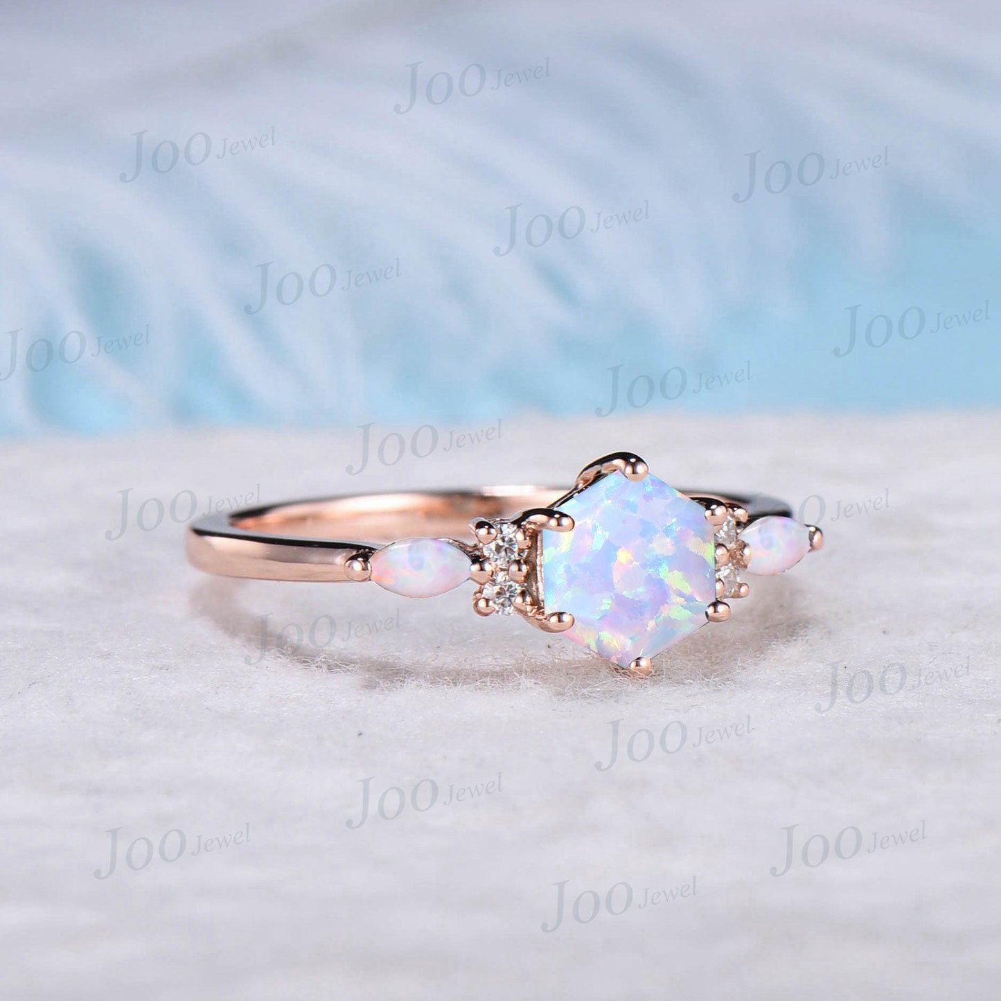 1ct Hexagon White Opal Engagement Rings Rose Gold Moissanite Opal Wedding Ring October Birthstone Jewelry Unique Birthday/Anniversary Gifts