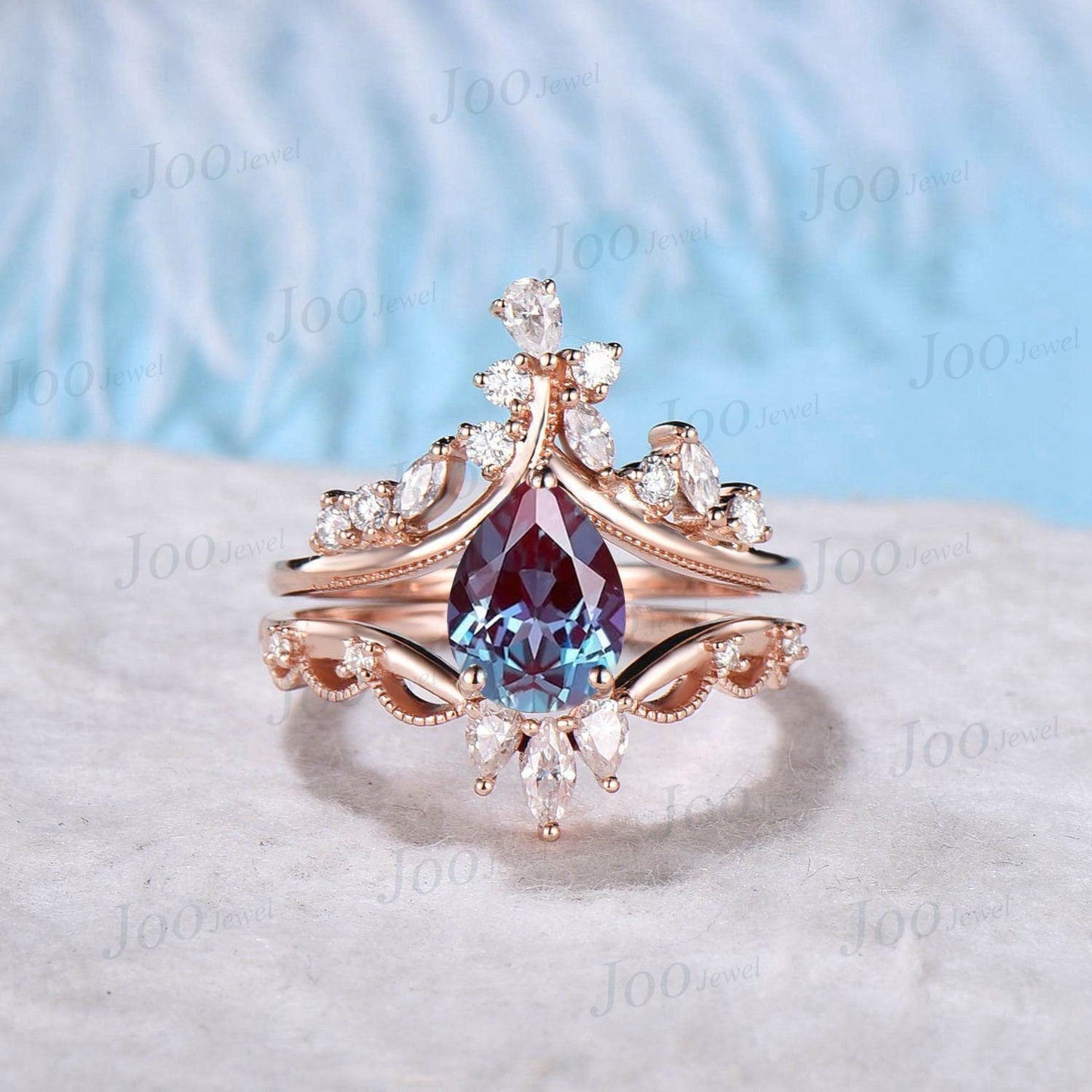 1.25ct Vintage Alexandrite Engagement Ring Pear Shaped Art Deco Cluster Engagement Ring Cocktail Moissanite Rings 14K Rose Gold Bridal Set