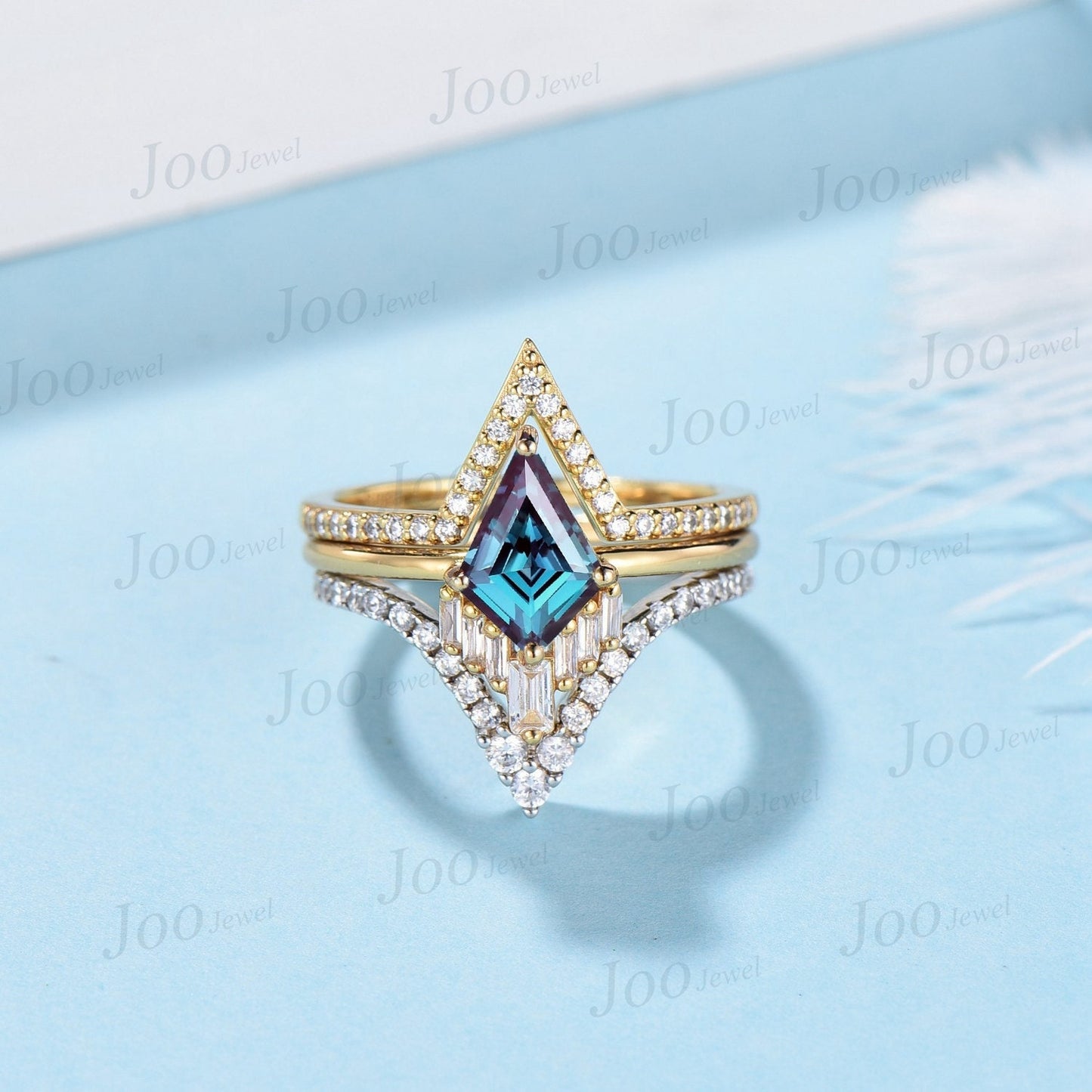 Kite Alexandrite Ring Set Vintage Kite Engagement Ring Set 10K Yellow Gold Unique Alexandrite Bridal Set Art Deco Cocktail Statement Ring