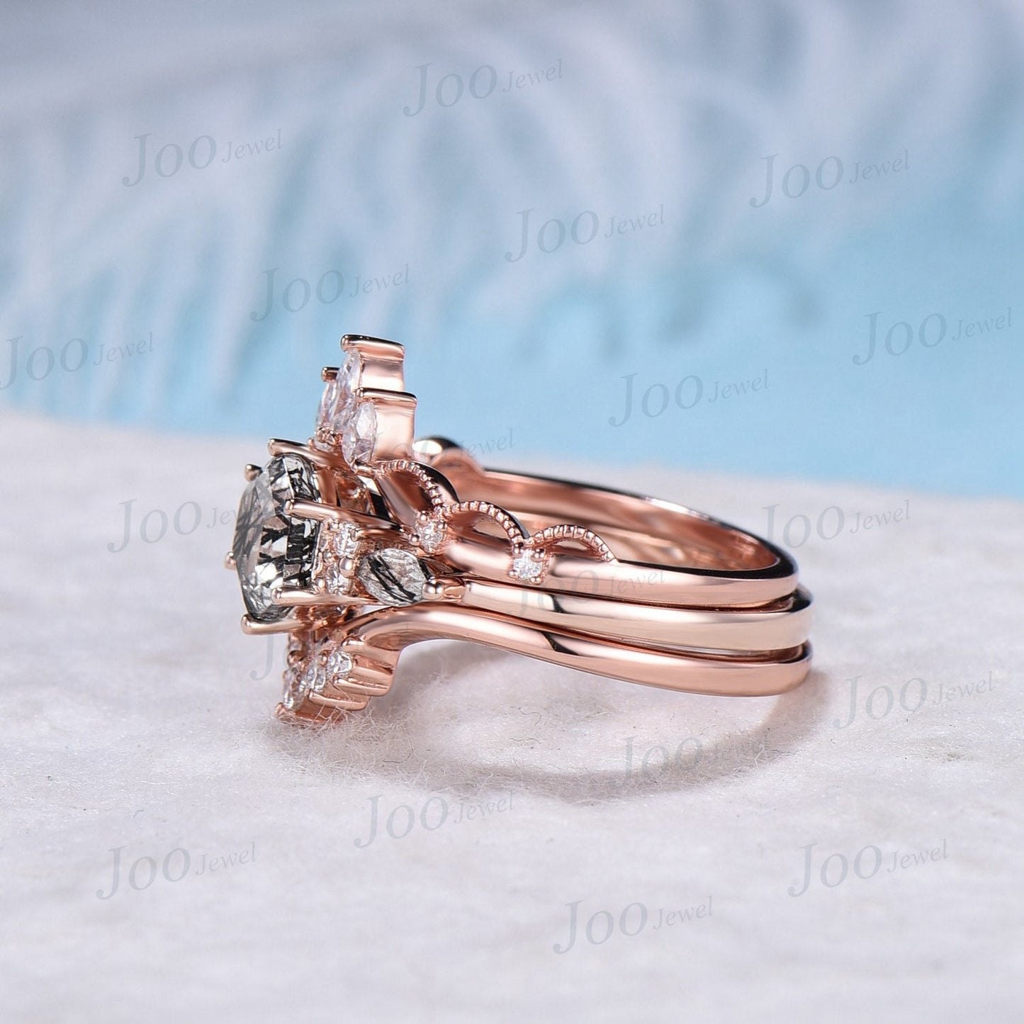 3pcs Hexagon Cut Black Rutilated Quartz Engagement Ring Set Vintage 1ct 10K Rose Gold Black Rutile Crystal Ring Unique Wedding Gift Women