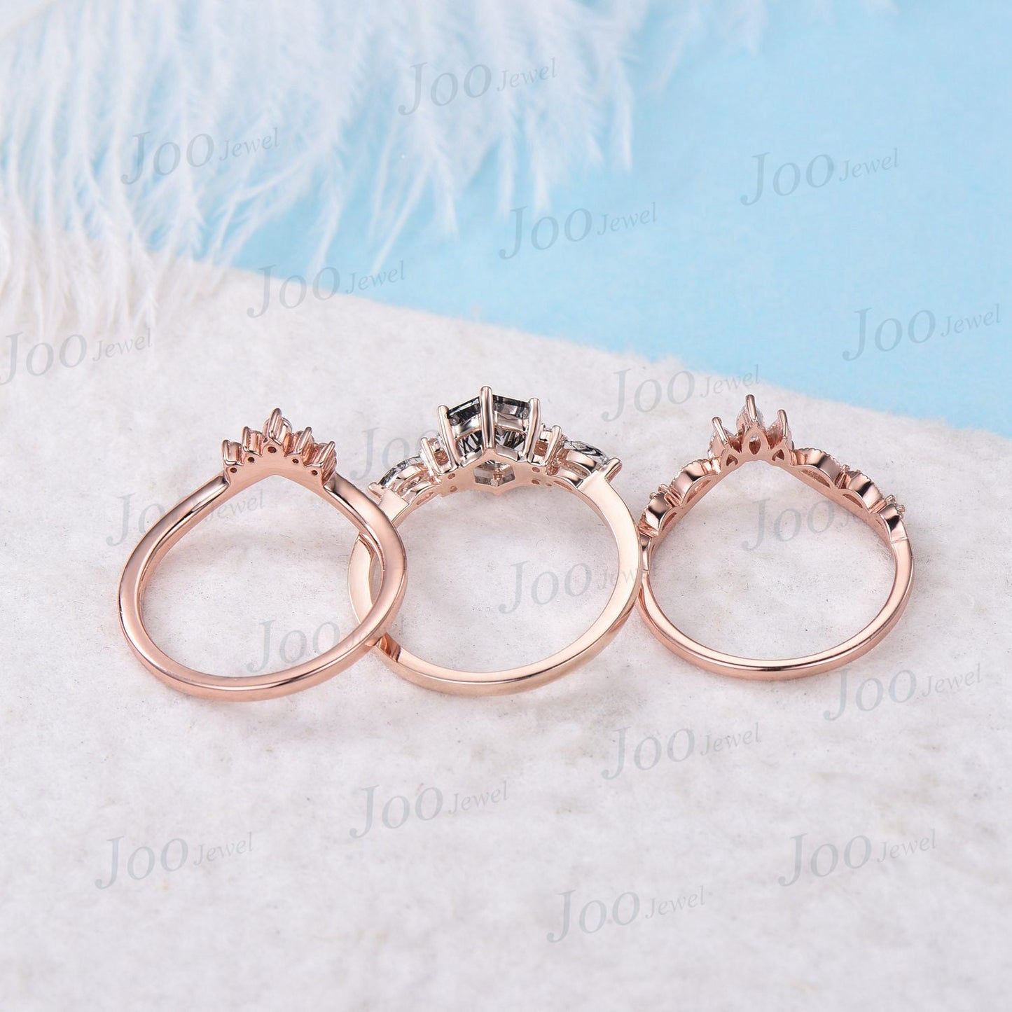 3pcs Hexagon Cut Black Rutilated Quartz Engagement Ring Set Vintage 1ct 10K Rose Gold Black Rutile Crystal Ring Unique Wedding Gift Women